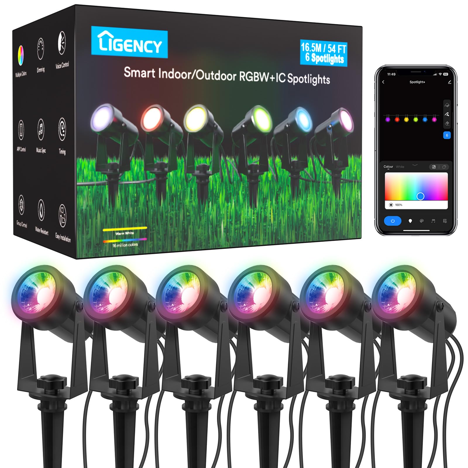 Ligency Smart Low Voltage Landscape Lighting, 6 Pack Wired Waterproof Outdoor Spot Lights, Rgbw Led Accent Spotlights Outside Up