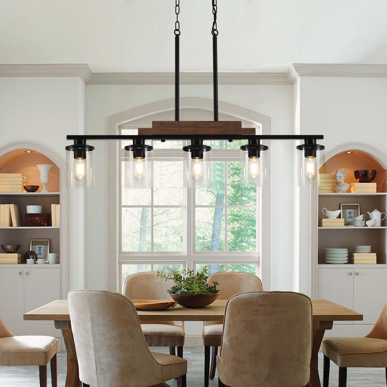Dining Room Light Fixture Over Table,Farmhouse 5-Light Kitchen Island Lighting, Linear Chandelier With Clear Glass Shades, Moder