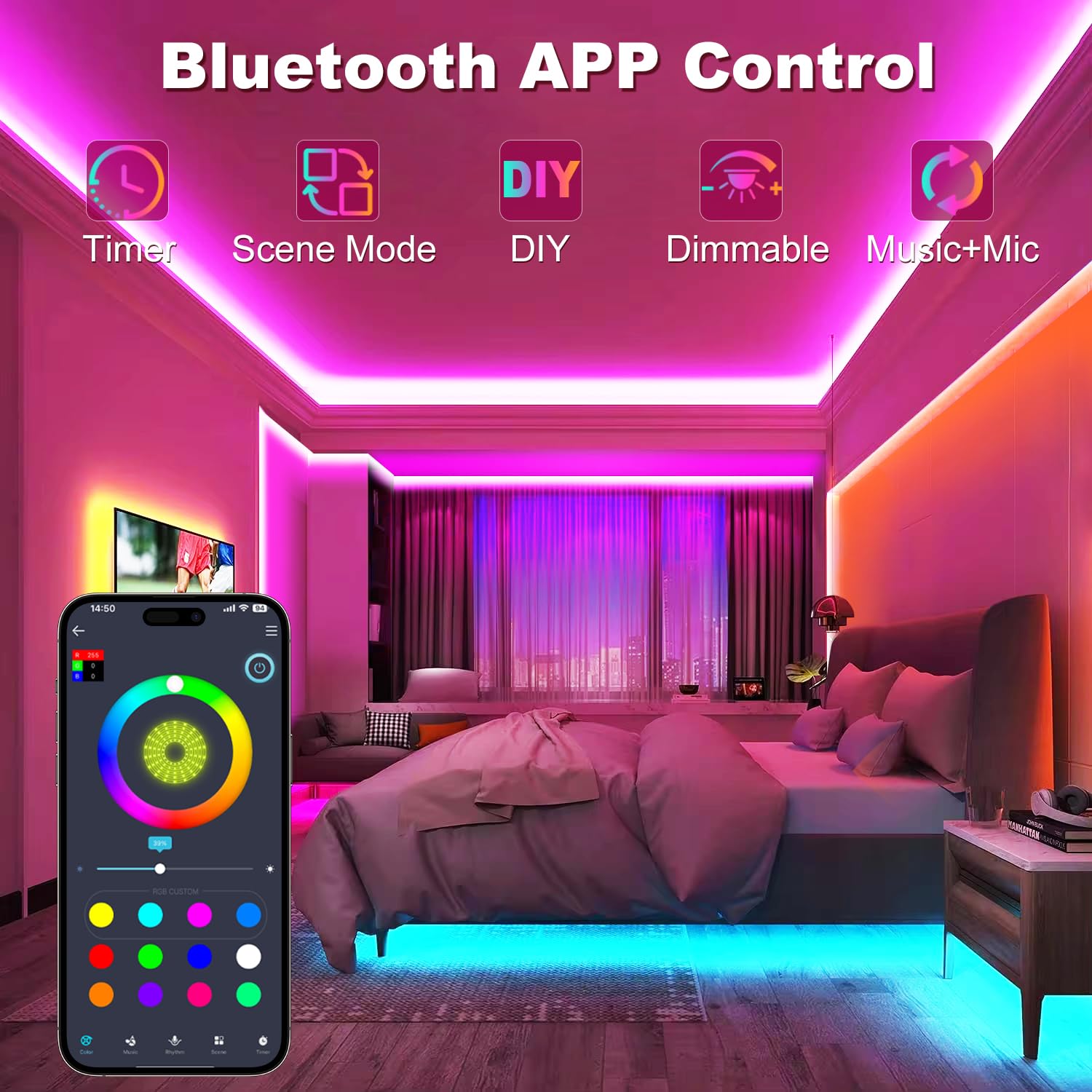 Keepsmile 131Ft Led Strip Lights (2 Rolls Of 65.5Ft) Bluetooth Smart App Control Rgb Led Light Strip With Remote,Music Sync Colo