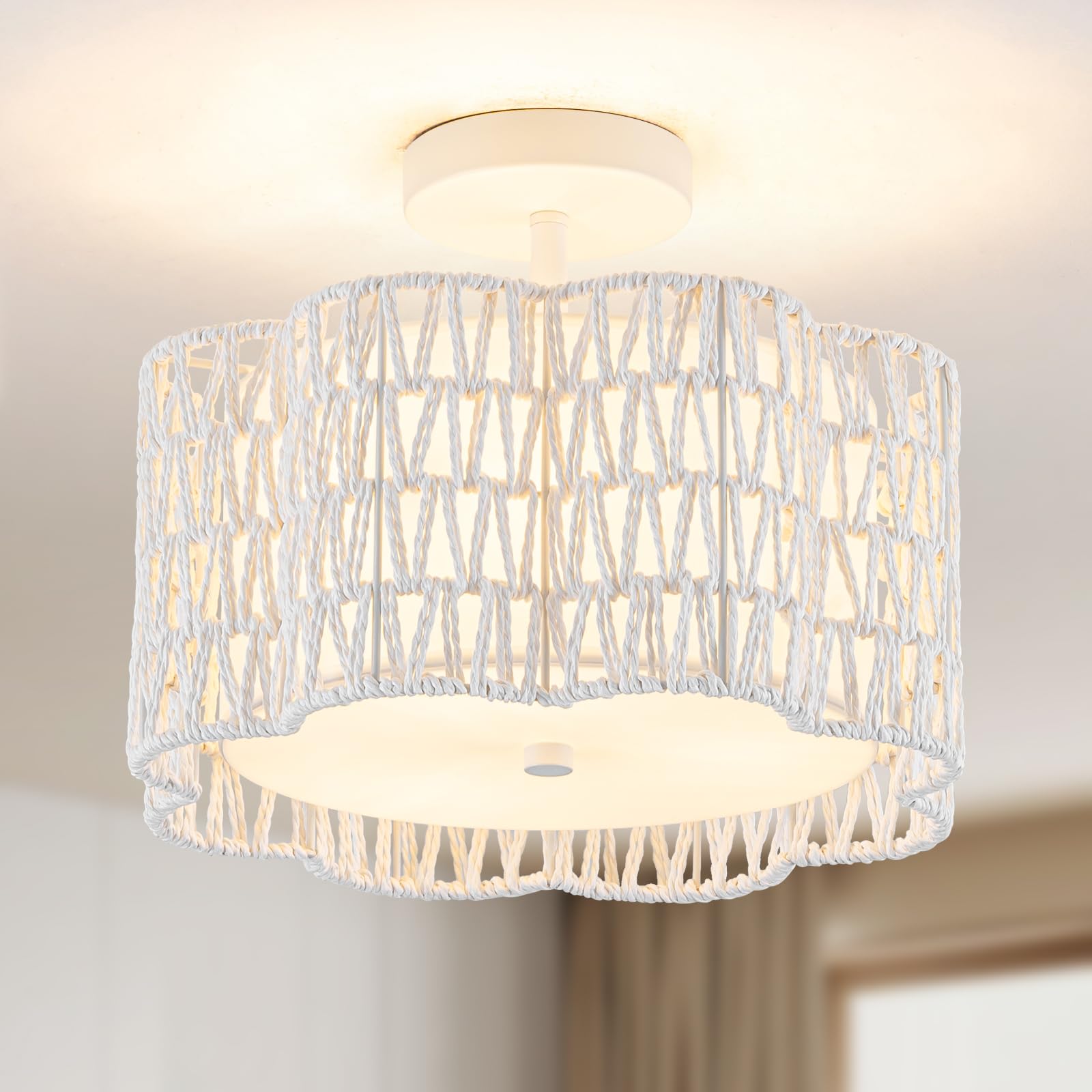 Tbaoinla Bedroom Light Fixture | Boho Ceiling Light With White Plum Blossom Design - Rattan Flush Mount Chandelier For Home Deco