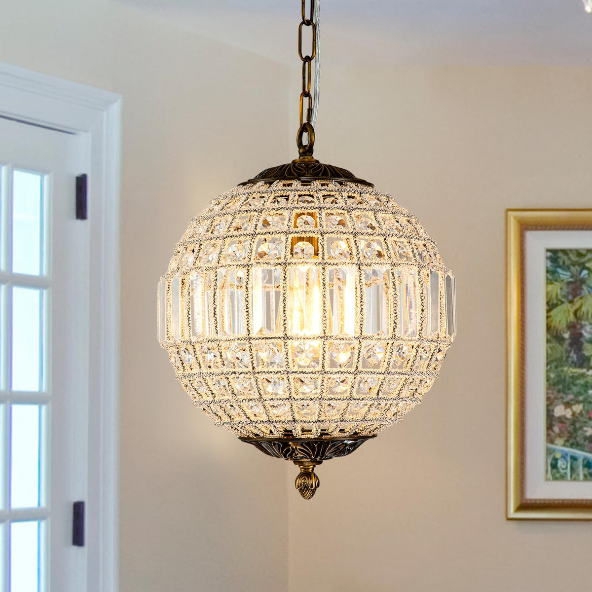 HUOKU Antique Crystal Globe Chandelier, 11.8'' Adjustable Crystal Sphere Classic Pendant Light Fixture for Living Room Kitchen I