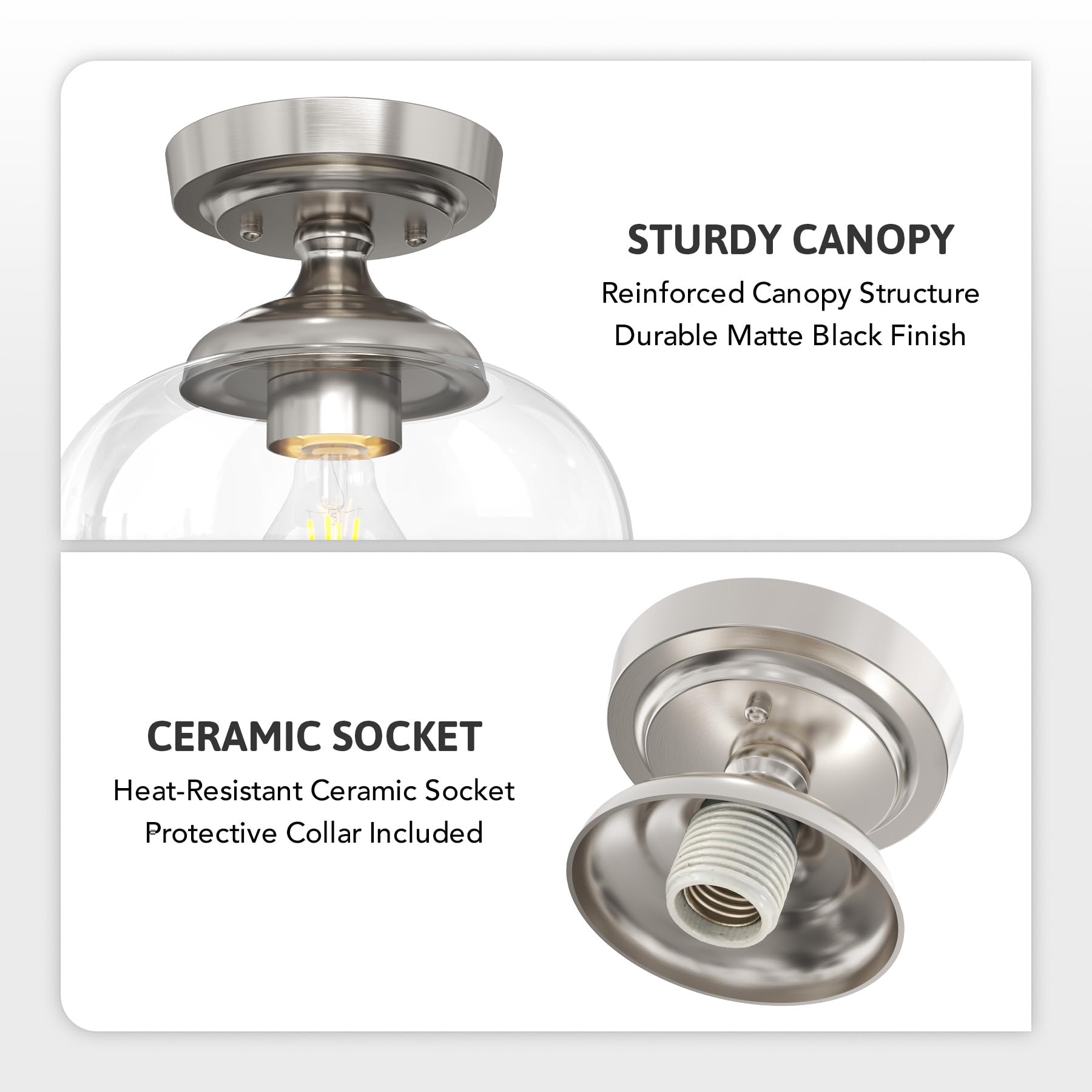 VONLUCE Industrial Semi Flush Mount Ceiling Light, 8.3in Brushed Nickel Fixture with Clear Glass Shade, Model HCF-15M6-NI