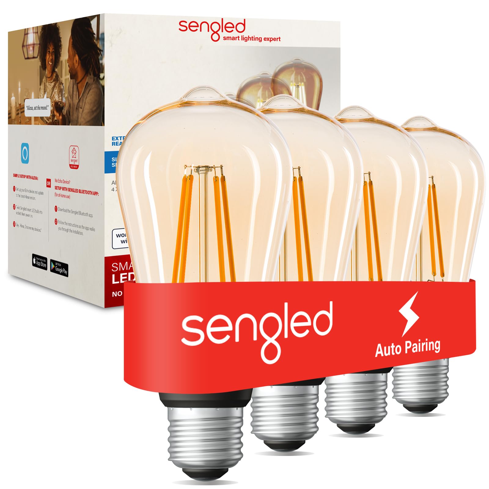 Sengled Smart Edison Bulbs, Bluetooth, Dimmable, E26, 600 Lumens, Soft White, 4 Pack, Model E21-G14