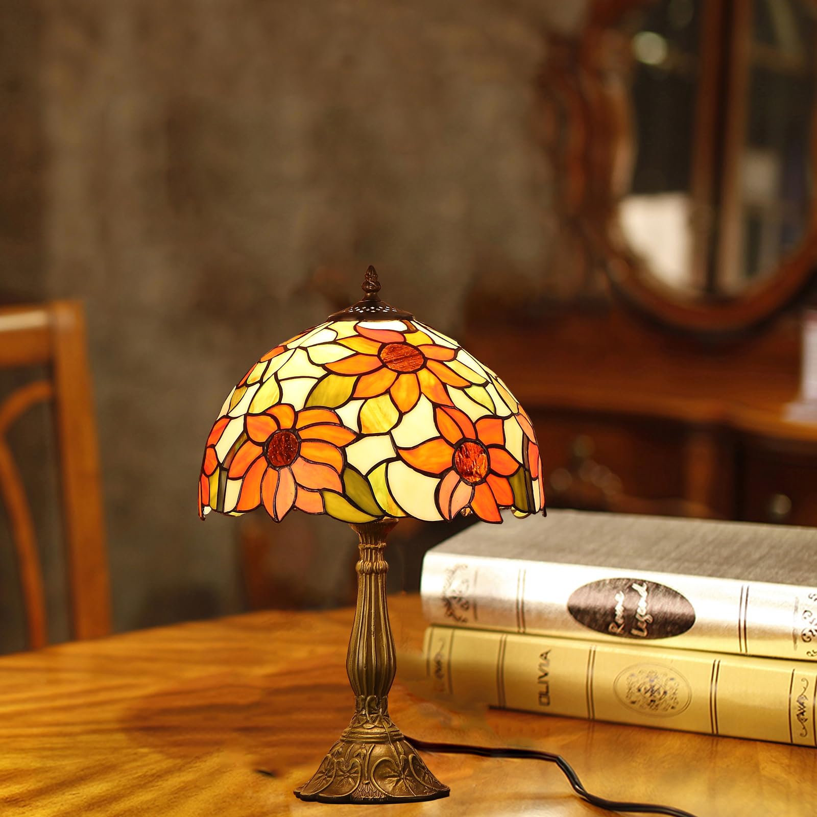 Fumat Tiffany Table Lamps For Bedroom Nightstand Bedside Lamps 12X12X19 Inch Sunflower Stained Glass Table Lamp For Living Room