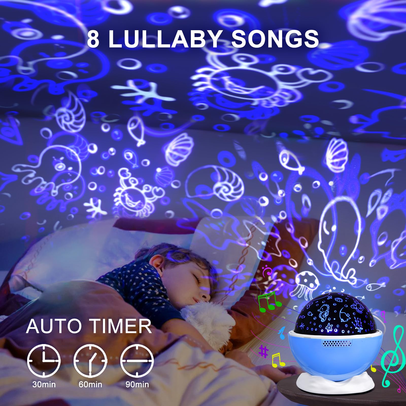 BAISIQILB Night Light Projector with Remote, 360° Rotation, 3 Films, 18 Modes, 8 Lullabies, Blue, Model AK33