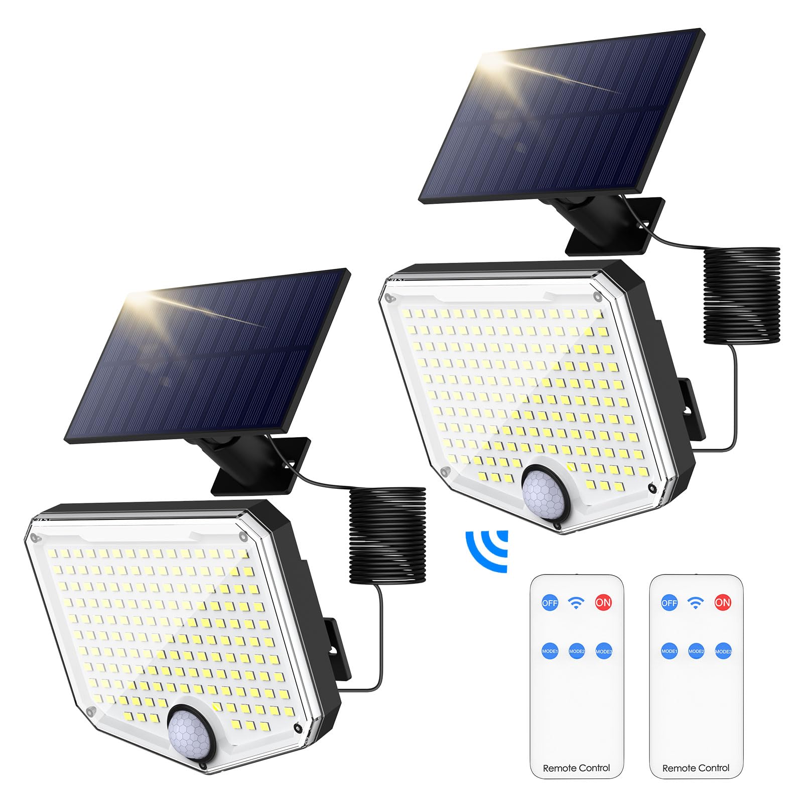 MoKo Solar Outdoor Motion Sensor Lights - 222 LED, Waterproof, Remote Control, 2 Pack, Black