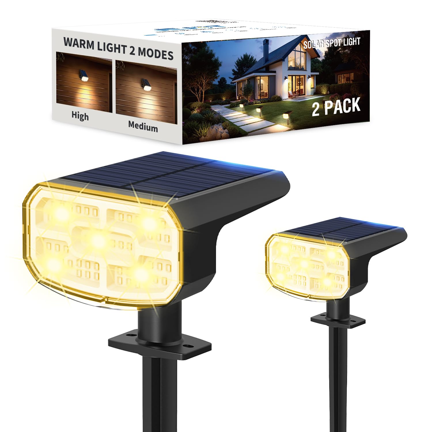 Jejot Solar Lights Outdoor Waterproof Ip65  Super Bright Led  3000K 2 Lighting Modes  Solar Powered Yard Garden Solar Spot Lights For Outside Landscape Auto On/Off -2 Pack