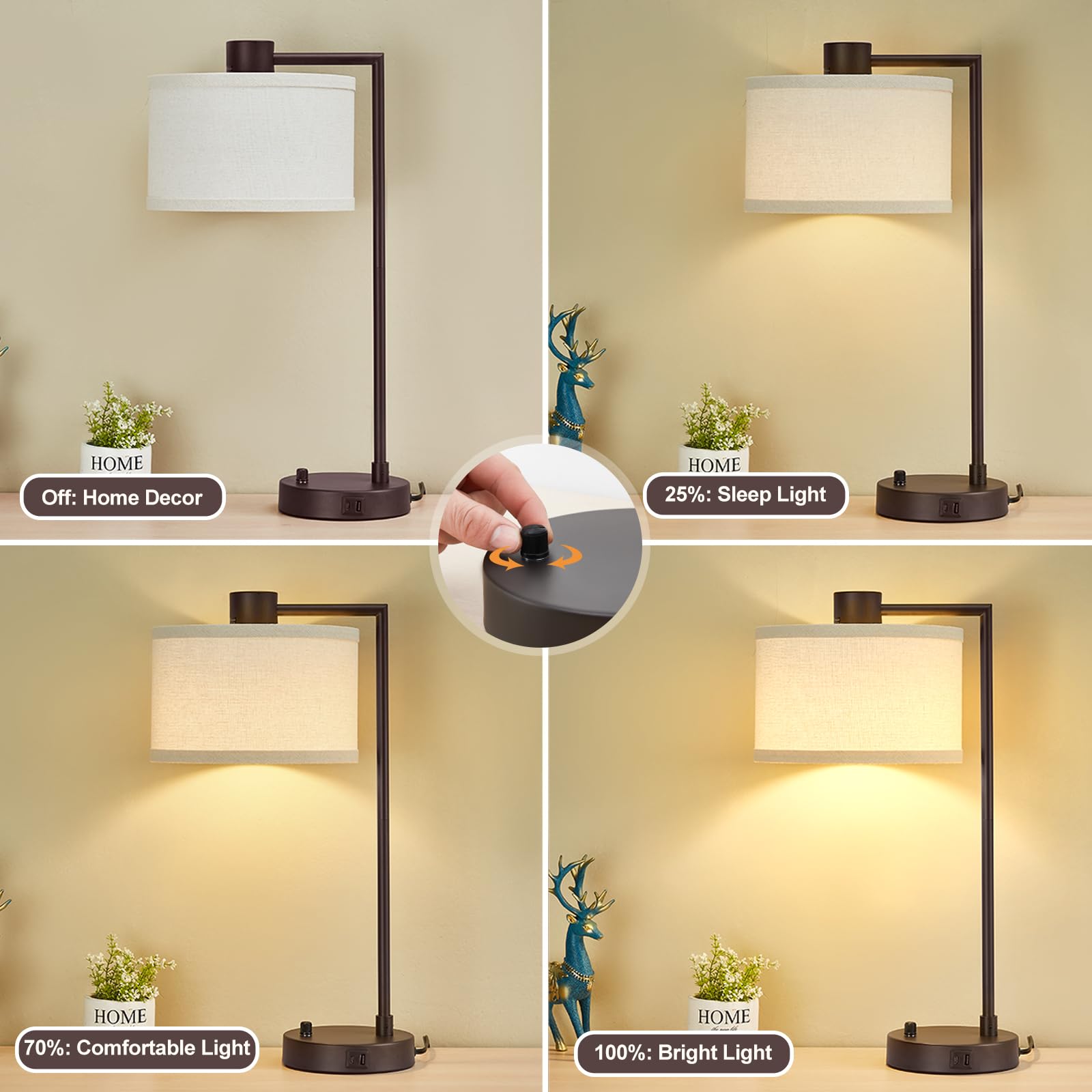 Luvkczc Table Lamp Set of 2 - Fully Dimmable with USB Ports, 11.2"D x 10"W x 23"H, Red Brown, Model 106,