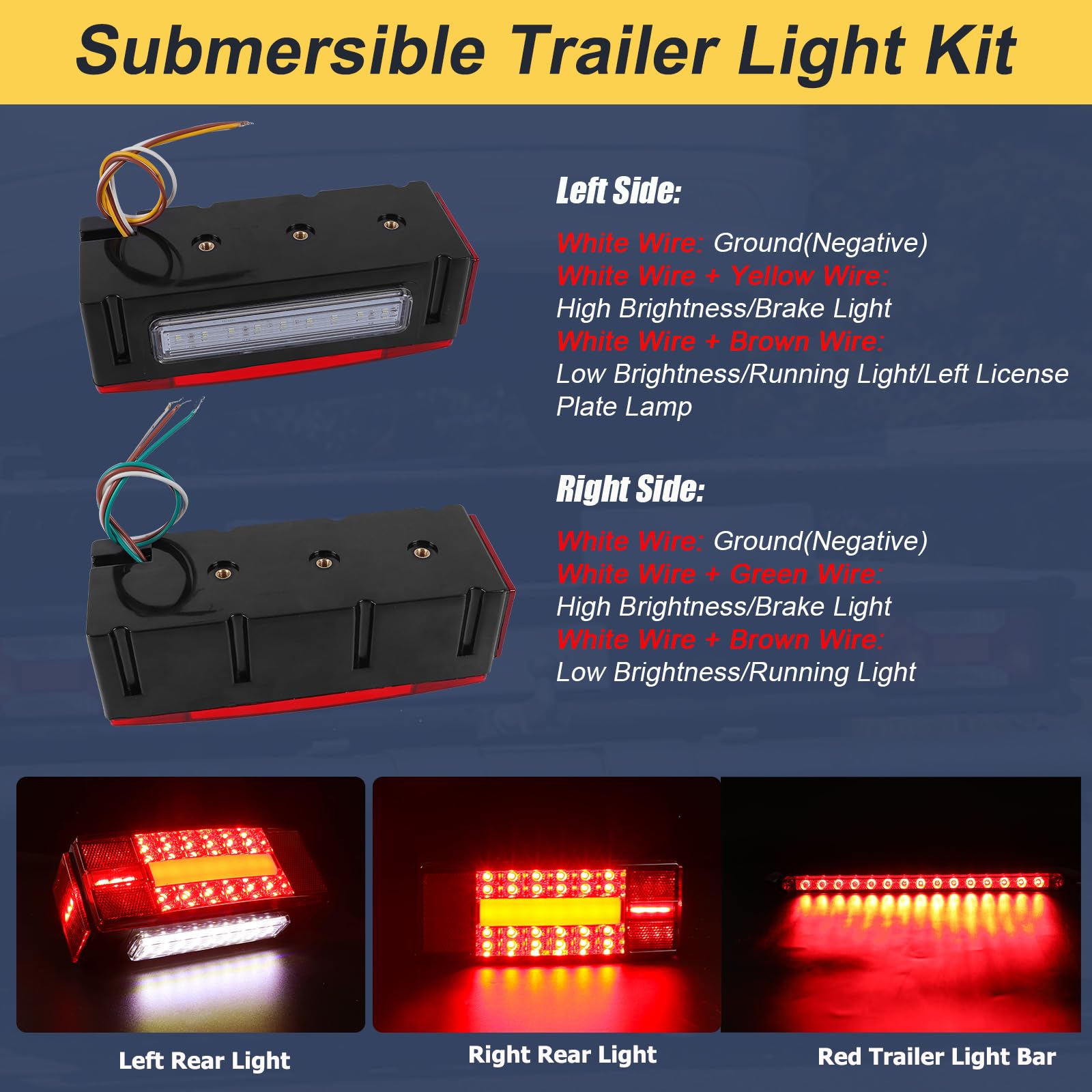 EXERAUO Boat Trailer Lights LED Kit, IP68 Submersible, 8 Inch, Red & Amber, Model HDD-T06, Includes Wiring Harness