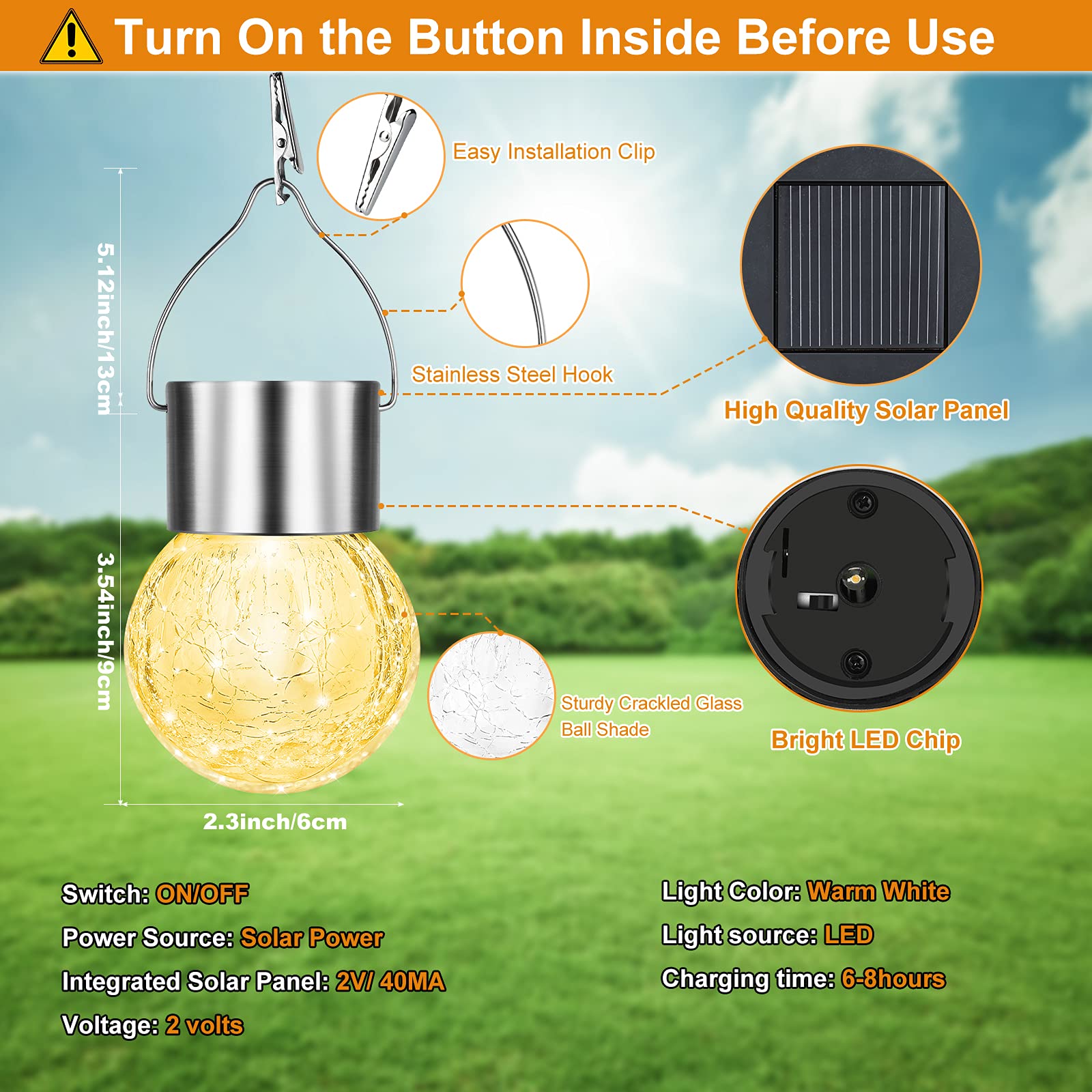 Bosceos 12-Pack Hanging Solar Lights - Waterproof Cracked Glass LED Globes, Warm White for Garden Patio Christmas Decoration