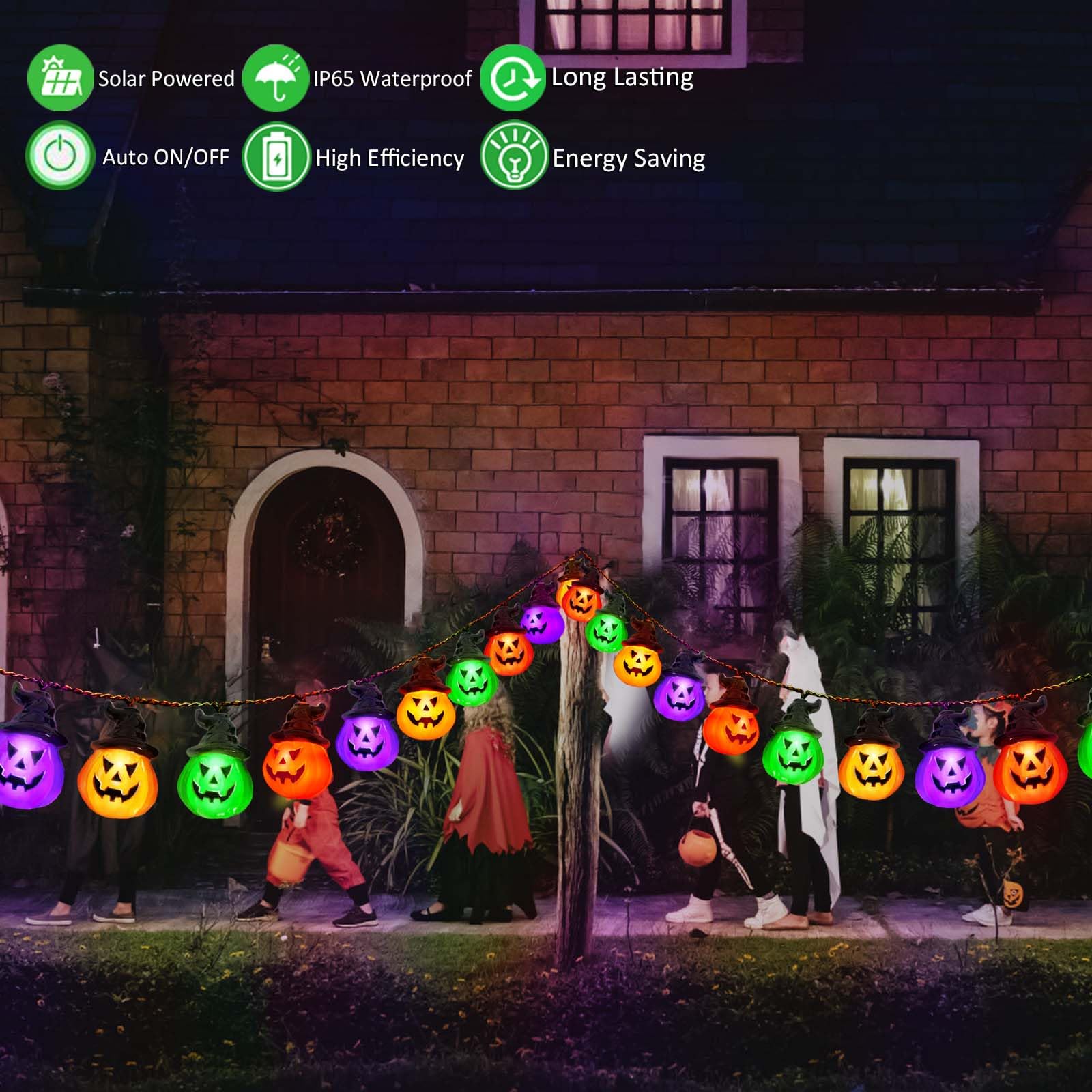 Windpnn Solar Halloween Lights - 16ft 30LED Waterproof Pumpkin String Lights, Multicolor, 8 Modes for Garden & Patio Decor