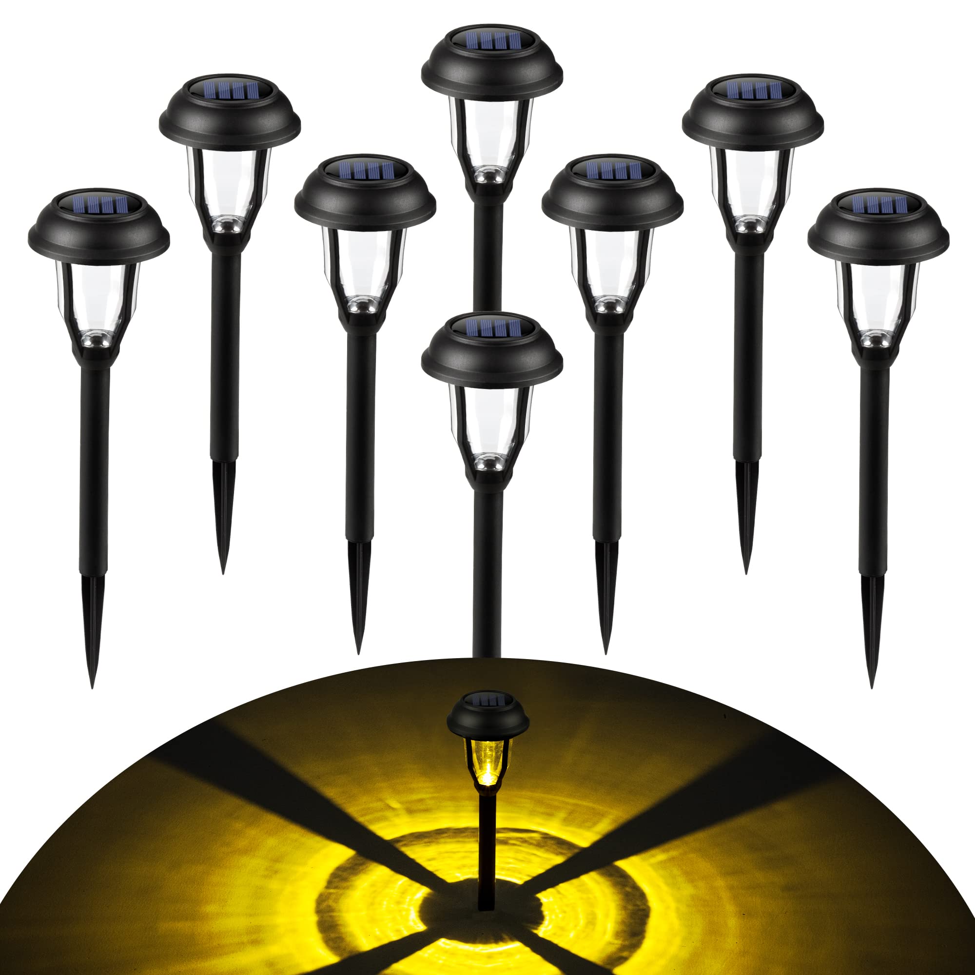 SOLPEX Solar Pathway Lights, 8 Pack, Waterproof, Warm White, Black, Model 8361-Y for Garden, Yard, Landscape, Walkway