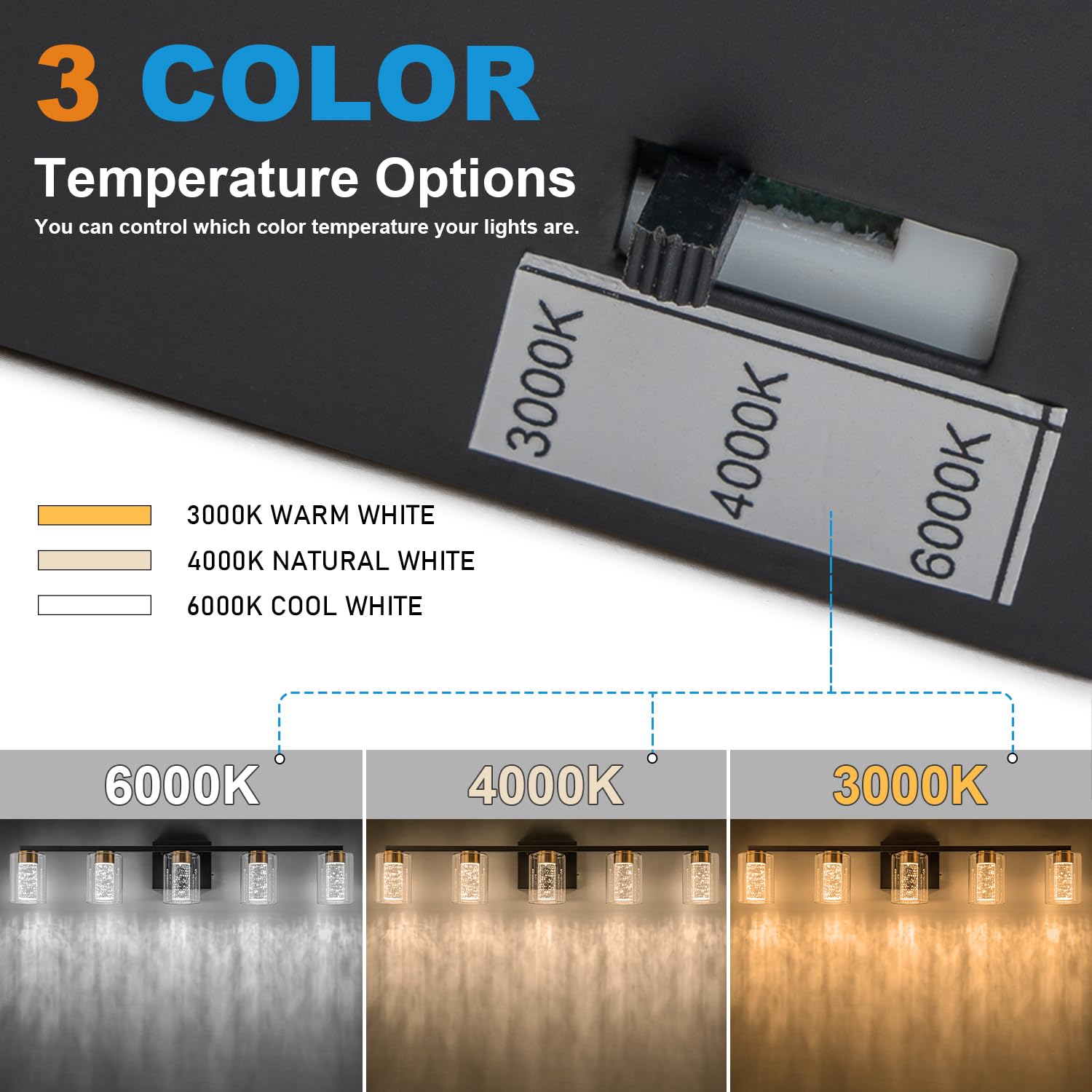 SineRise 5-Light Vanity Light Fixture, Black-Gold, Dimmable LED, Eye Protection, 3 Color Modes, Model af01d95b-88be-413f-aed