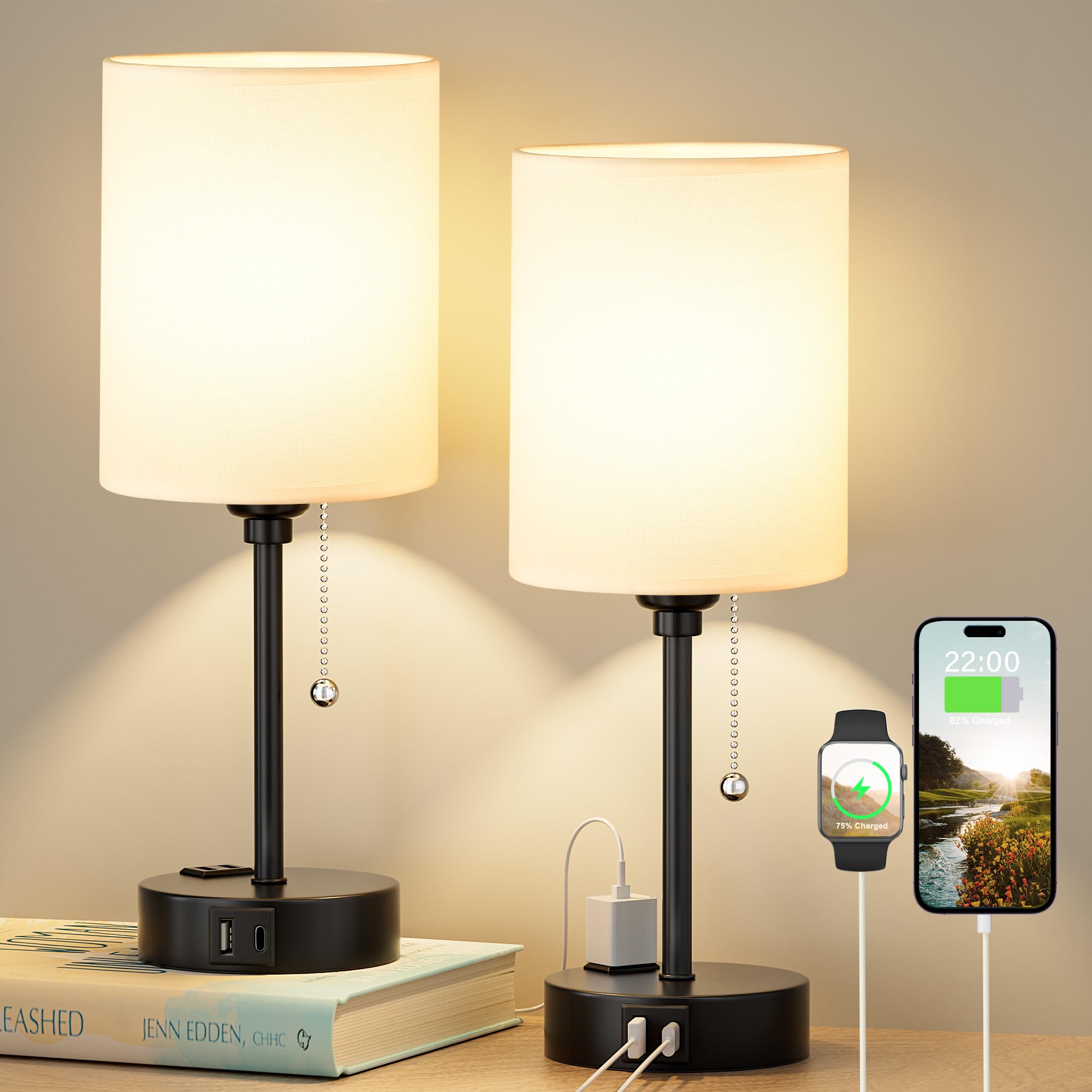 Bedside Table lamp for Bedroom Set of 2 - 3 Color Temperatures Small Lamps with USB C and A Ports, Pull Chain Table Lamps with AC Outlet, White Nightstand Lamps with Black Metal Base for Kids Reading
