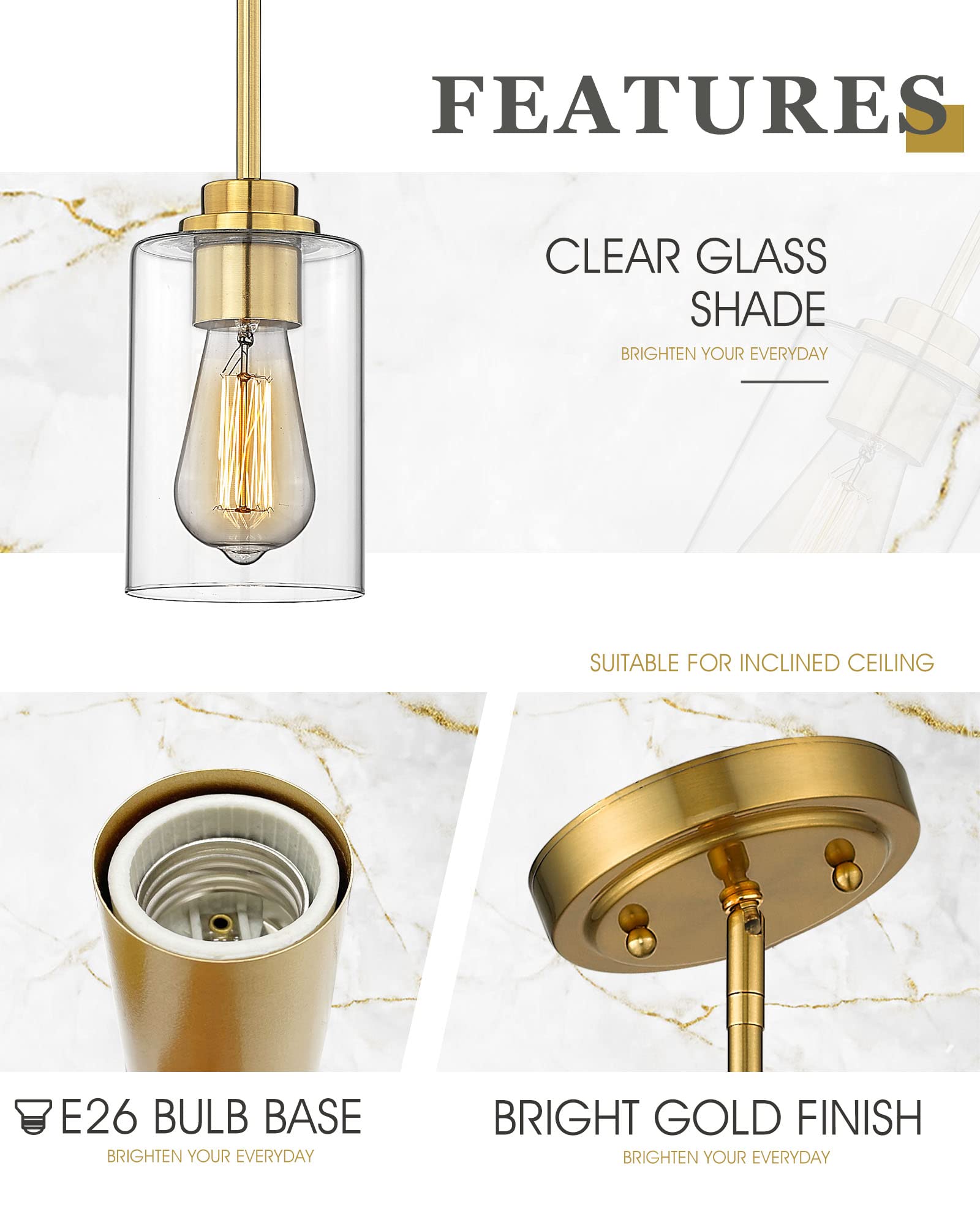 Audickic Pendant Lights Kitchen Island, Farmhouse Gold Pendant Lighting With Clear Glass Shade, Kitchen Pendant Lighting Over Island For Dining Room Entryway, Ad-22281-1P-Gd-C