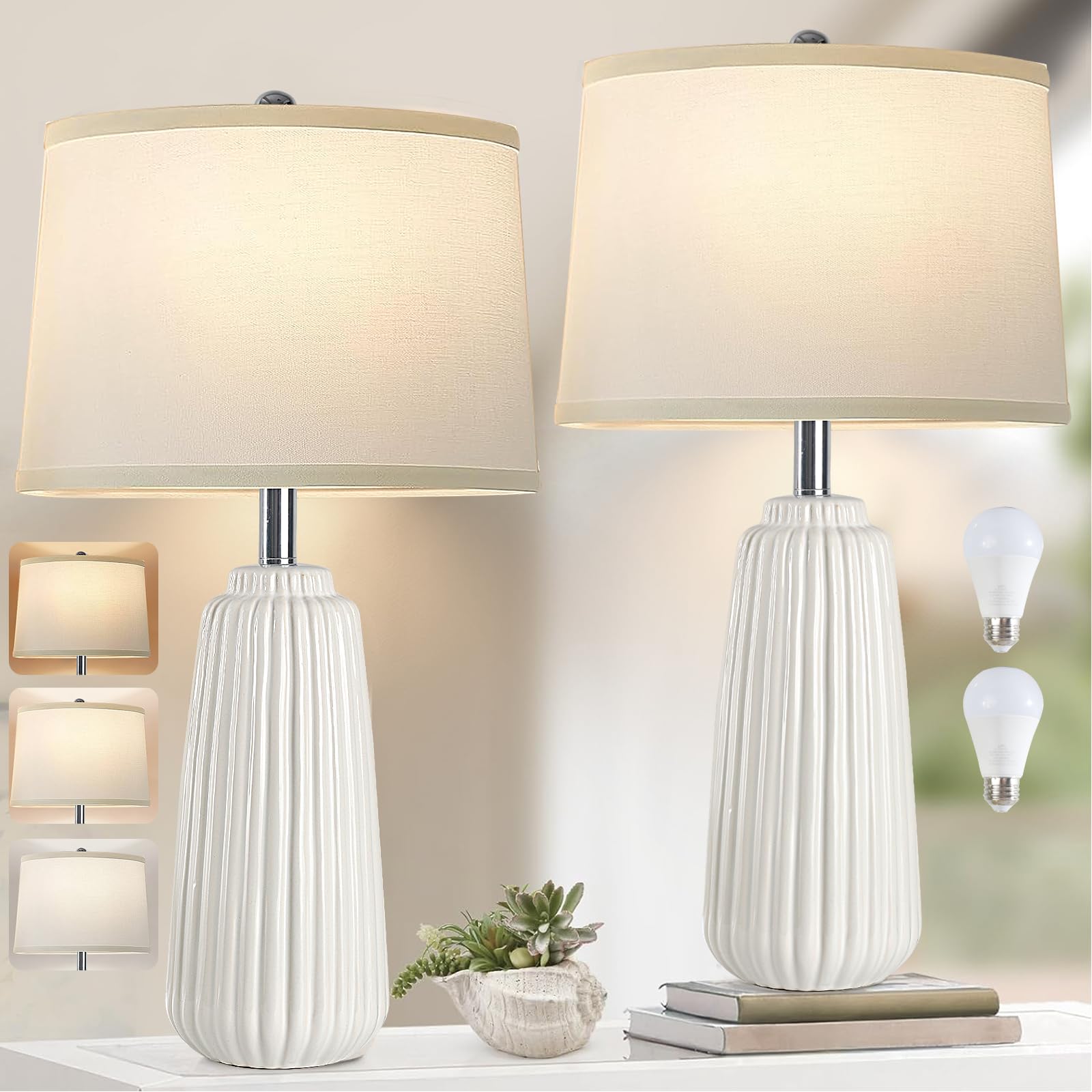 Yusist Ceramic Table Lamps Set Of 2, 25Inch Modern White Table Lamps For Bedroom Living Room With 3 Color Temperature - 3000K/4000K/6000K, Coastal Lamps For Nightstand Bedside With 2 Led Bulbs, 9W