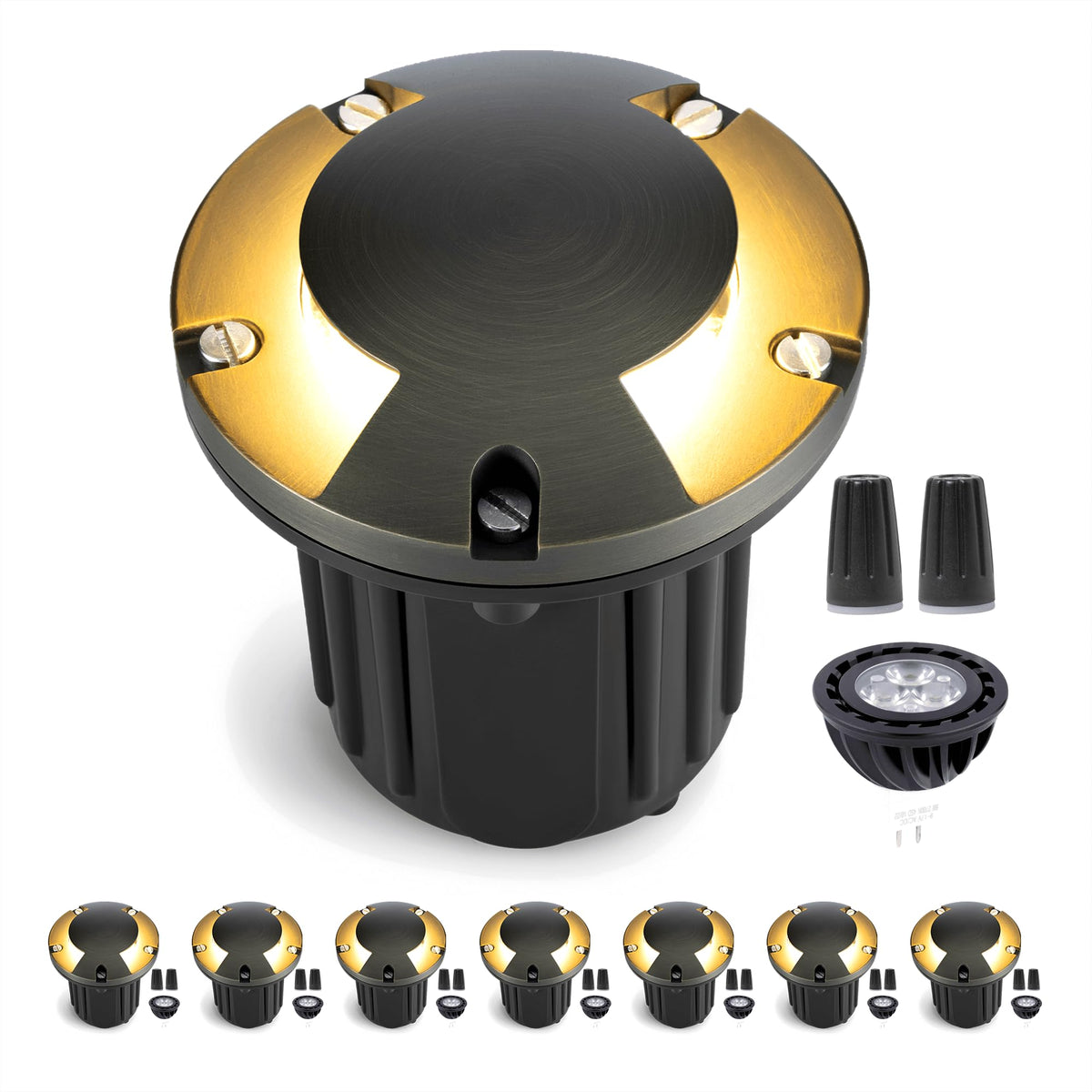 Gardenreet Low Voltage Brass Well Lights - LED Replaceable Bulb Weatherproof In-Ground 12V Fixture, Hardwired Fixture, Antique B