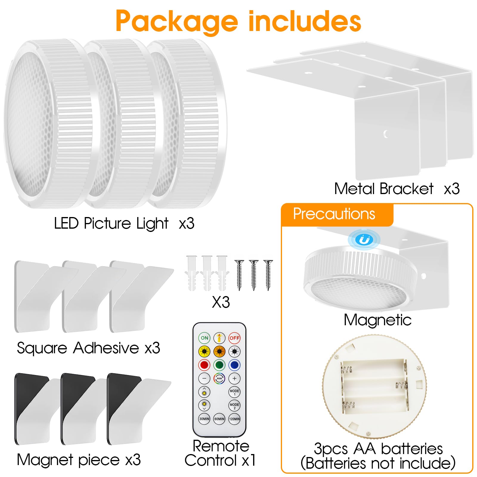Sixdefly Rgb Magnetic Suction Spotlight - Battery-Powered  Wireless  Remote Control With Adjustable Timer For Art Displays And Galleries 2 Pack White