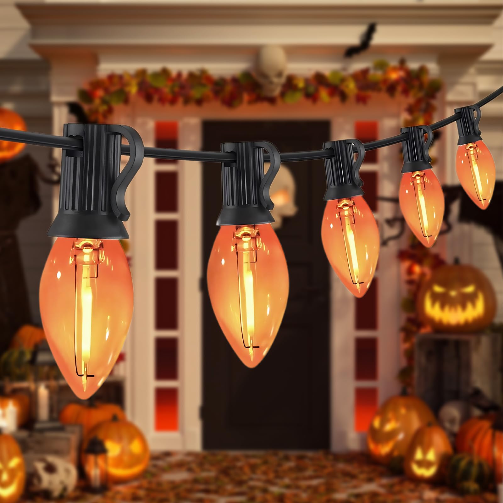CHYSUPER 10FT Halloween Orange LED String Lights, 10 Clear Orange Bulbs with Black Wire, Outdoor Waterproof Vintage Christmas Li