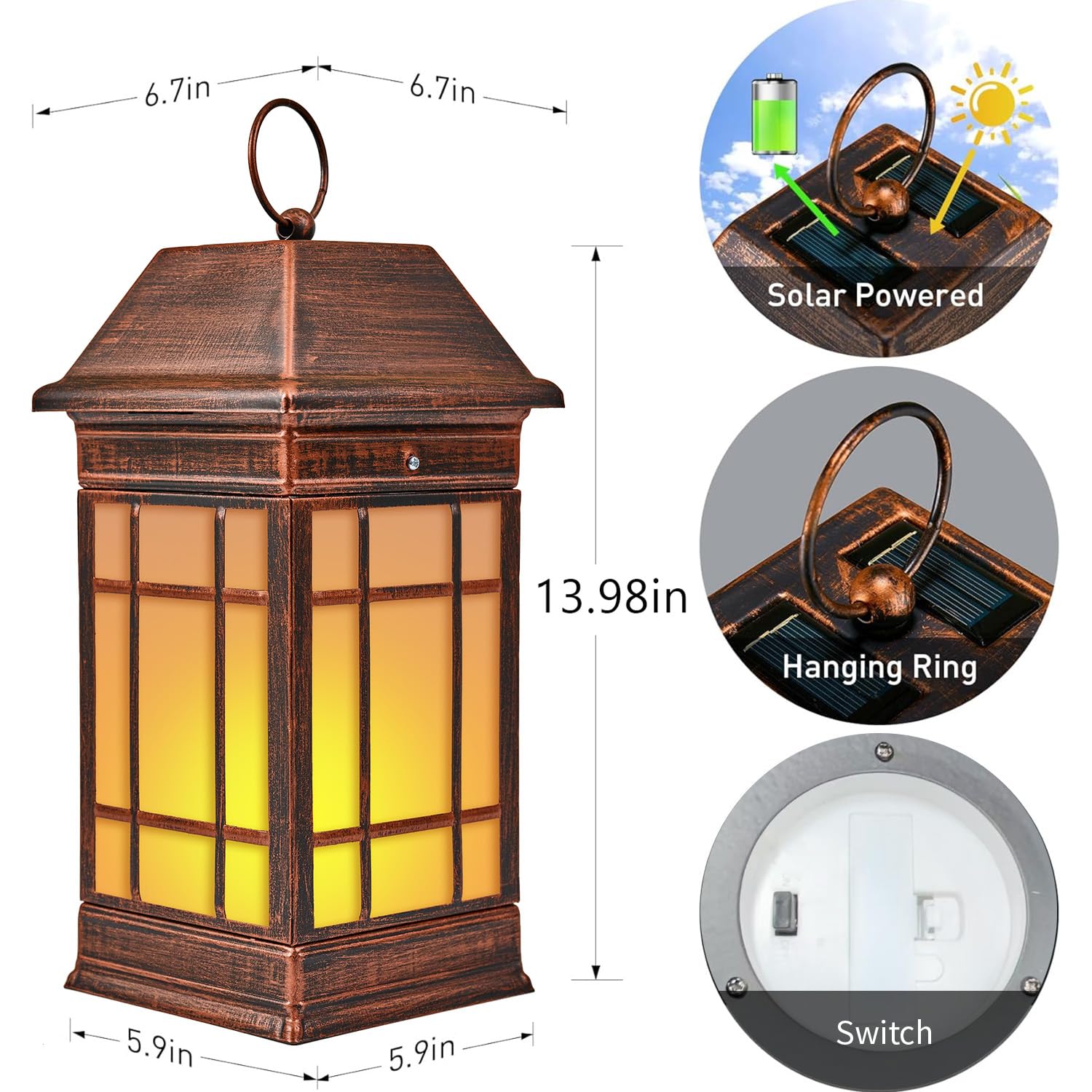 anyperfect 14 Solar Lantern Outdoor Waterproof, Glass Flickering Flame Solar Lanterns, Hanging Metal Lantern Decorative for Pati