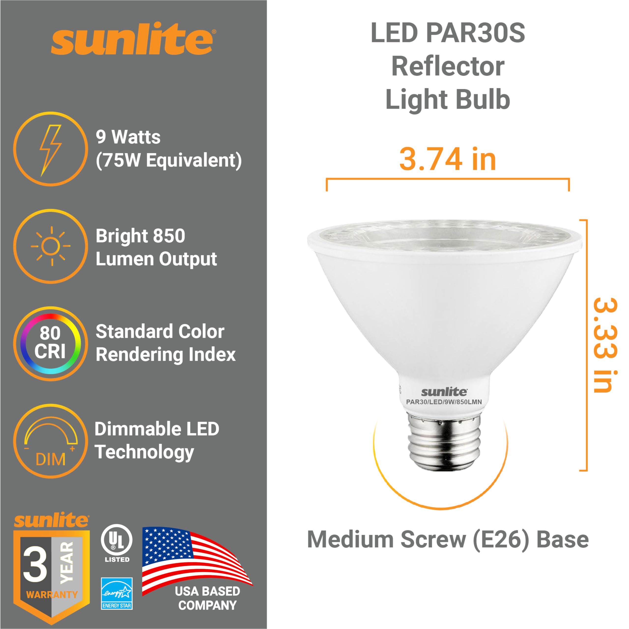 Sunlite LED PAR30 Short Neck Flood Light Bulb, 9W (75W Equivalent), 850 Lumens, Dimmable, 4000K Cool White, 6 Count