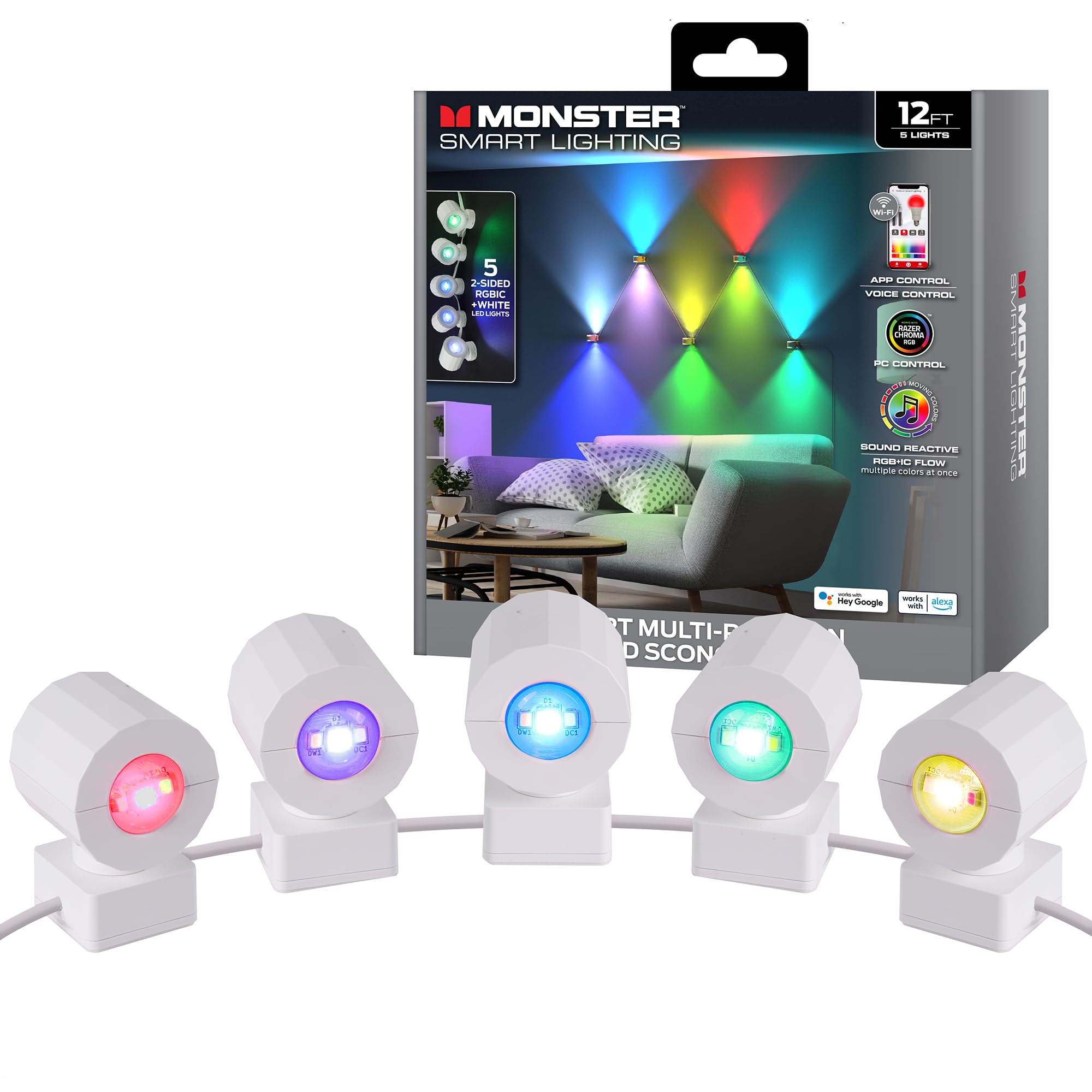 Monster Sconce Lights, RGBW+IC Multi-Colored & Multi-White, 5 Double-Sided LED Sconce Lights, App & Voice Control, Sound Reactiv