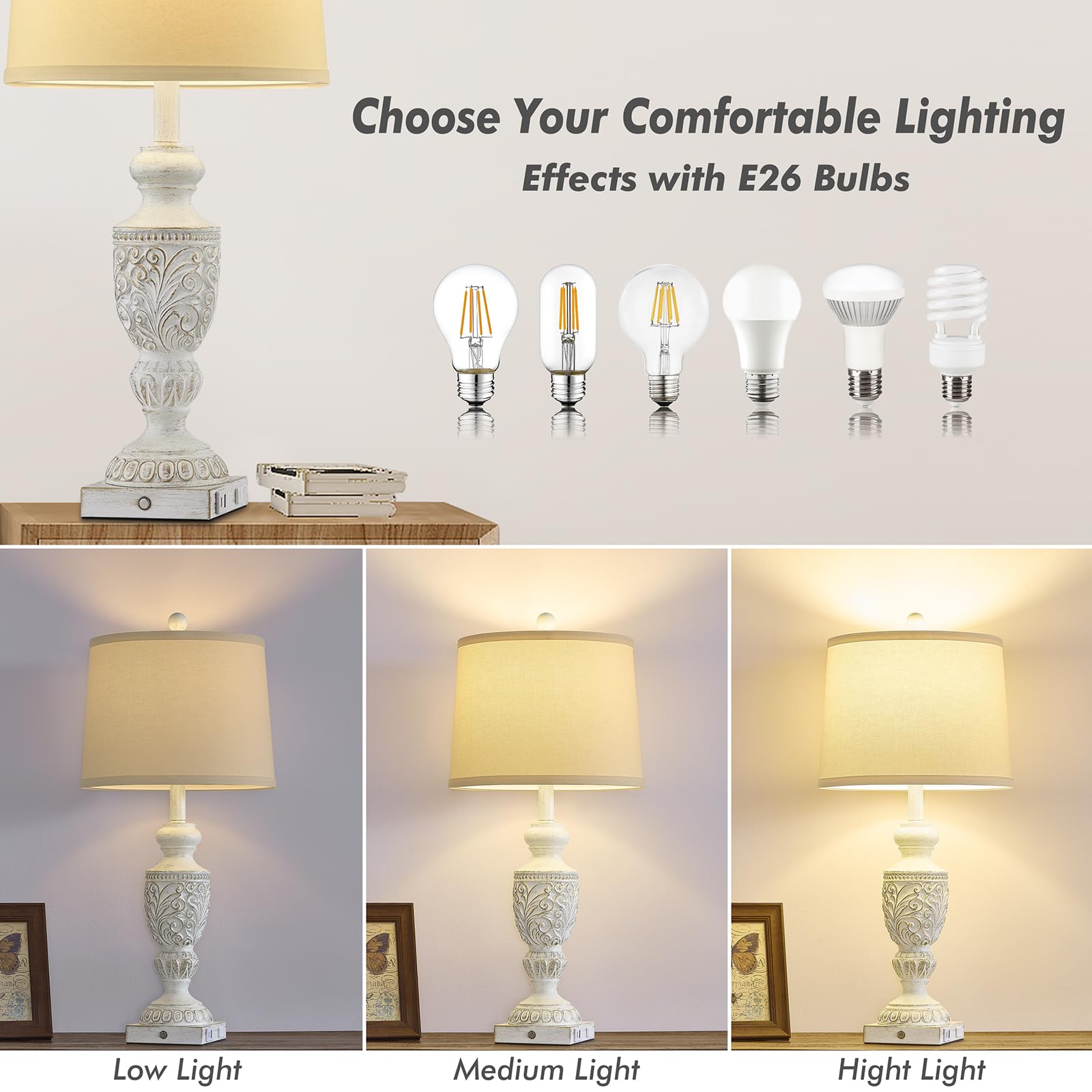 SAIWEYA Farmhouse Table Lamp Set of 2, 3-Way Dimmable Touch Control, Vintage Rustic Design, Whitewashed Gold, Model TM-T05