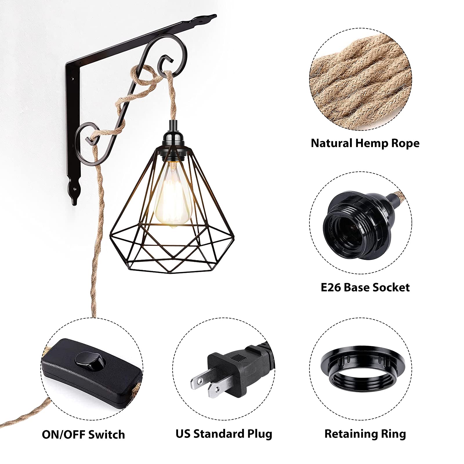 HURYEE Plug in Hanging Light Fixture, 15FT Hemp Rope Pendant Lamp, E26 Bulb Socket, Yellow, Model RP50-1