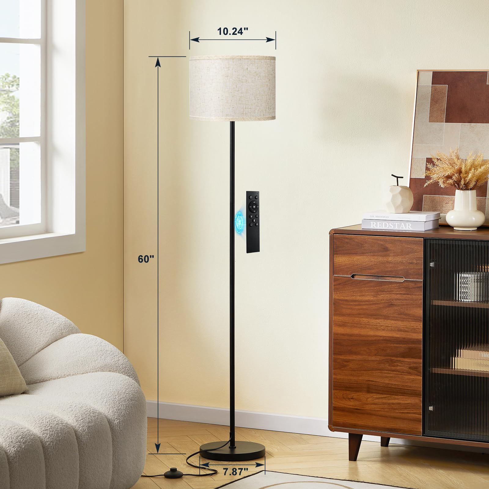 Ambimall 60'' Modern Floor Lamp with Remote, Beige Shade, Black Pole, Metal, Model RPT-ZGB120