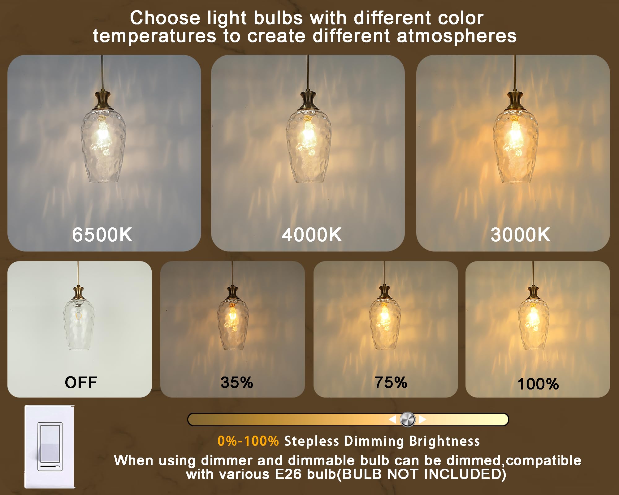 Saduenfr 2 Pack Glass Pendant Lights Kitchen Island Gold Vintage Pendant Light Hand-Blown Hammered Clear Glass Hanging Light Fix