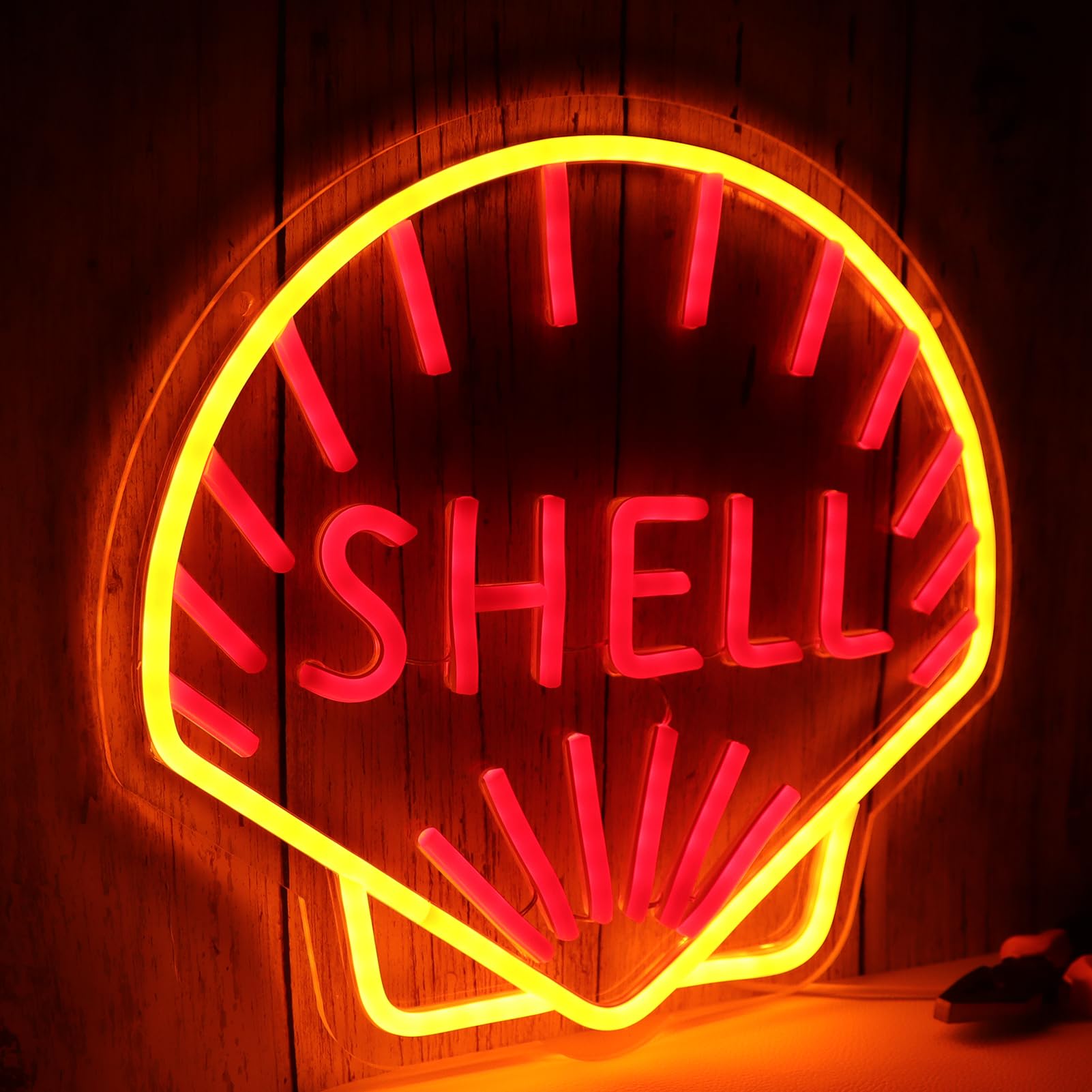 WonderfulLife Shell Logo Neon Sign, LED Garage Decor, 12x13 inches, Orange and Red, Plastic Material