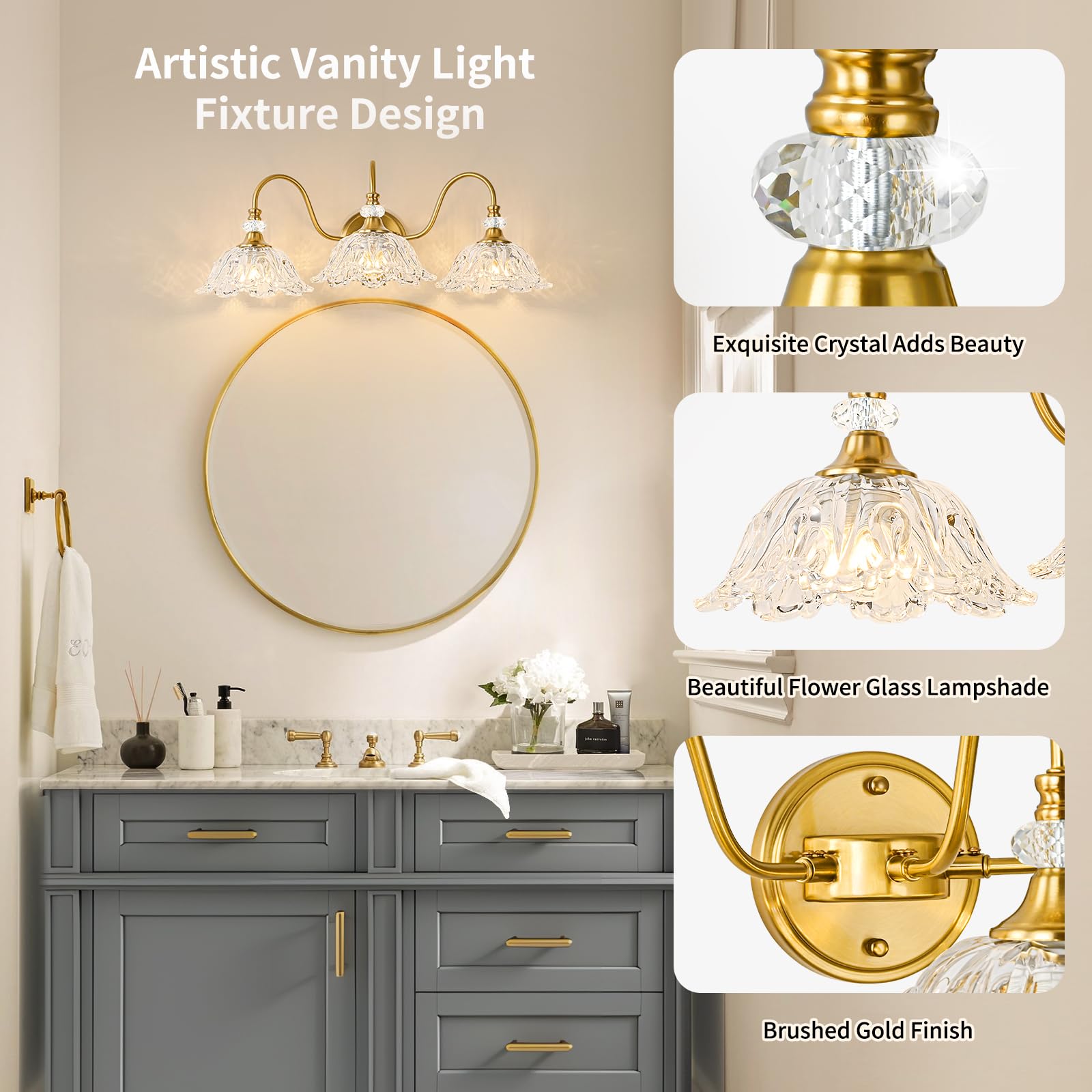 sunkryster 3-Light Gold Bathroom Vanity Light, Brushed Gold Finish with Floral Clear Glass Shades, Model Sun-104AB-3-Gold