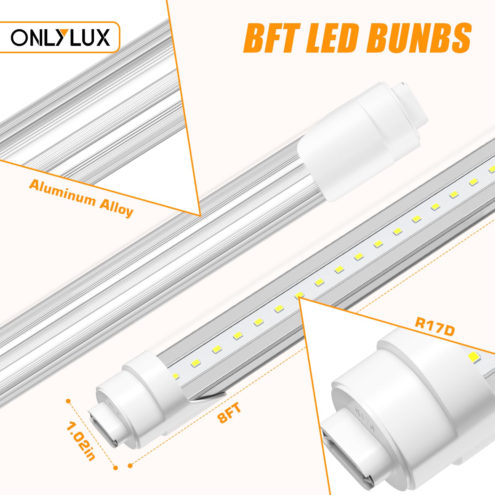 Onlylux 8Ft R17D Led Tube Light, 4800Lm, 6000K, Replace T8/T12