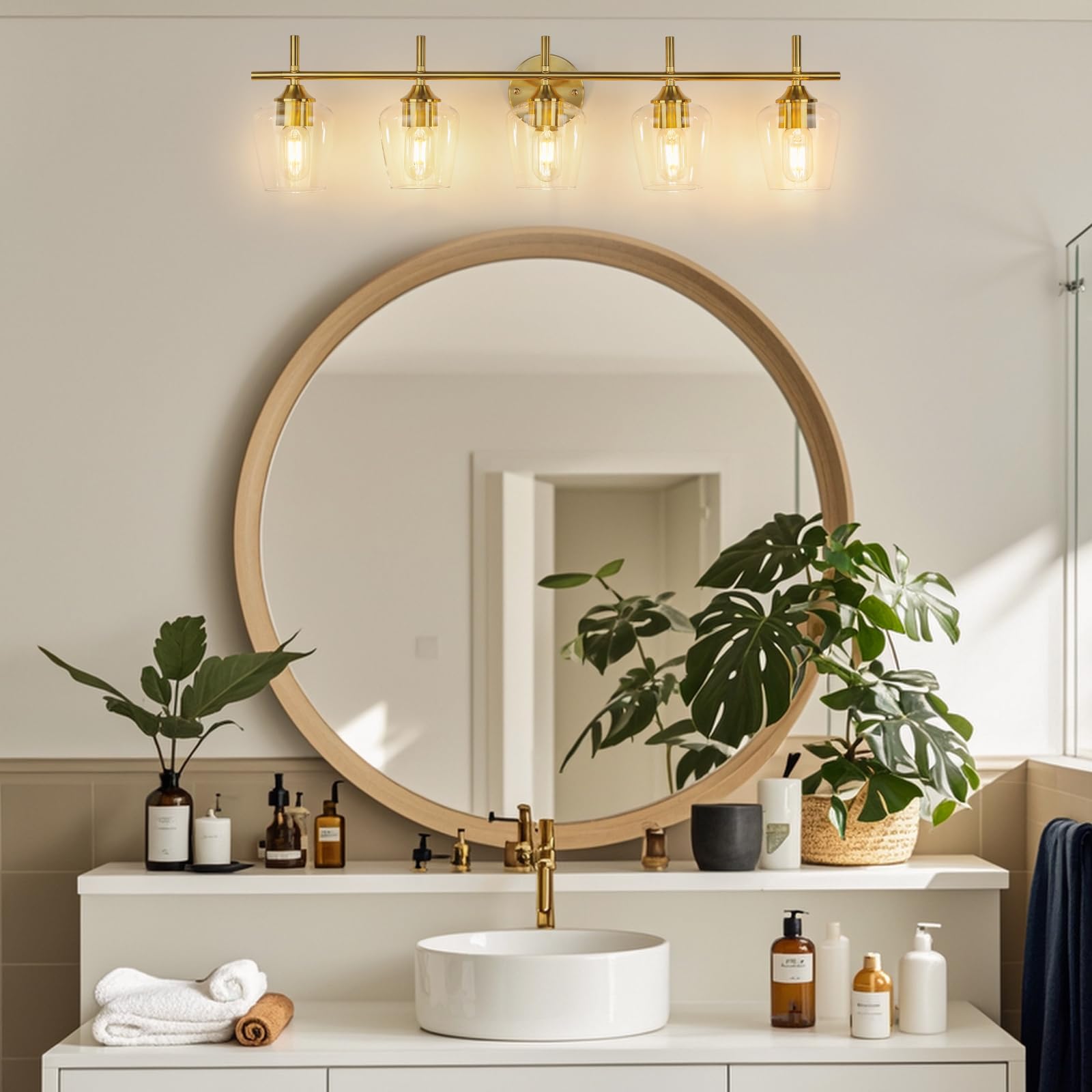 foucasal 5-Light Bathroom Vanity Light Fixture, Gold Brushed Brass with Clear Glass Shade for Mirror and Hallway