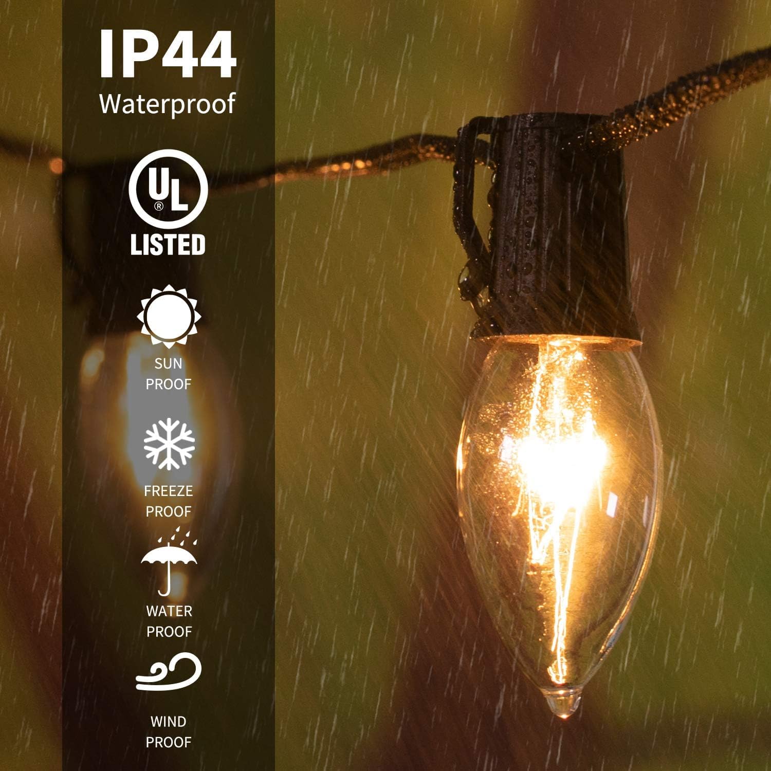 C9 Light Strand 50 Ft For E17-12 Spacing, Outdoor String Light Christmas Stringer With 50 Sockets For Patio, Connectable, Black