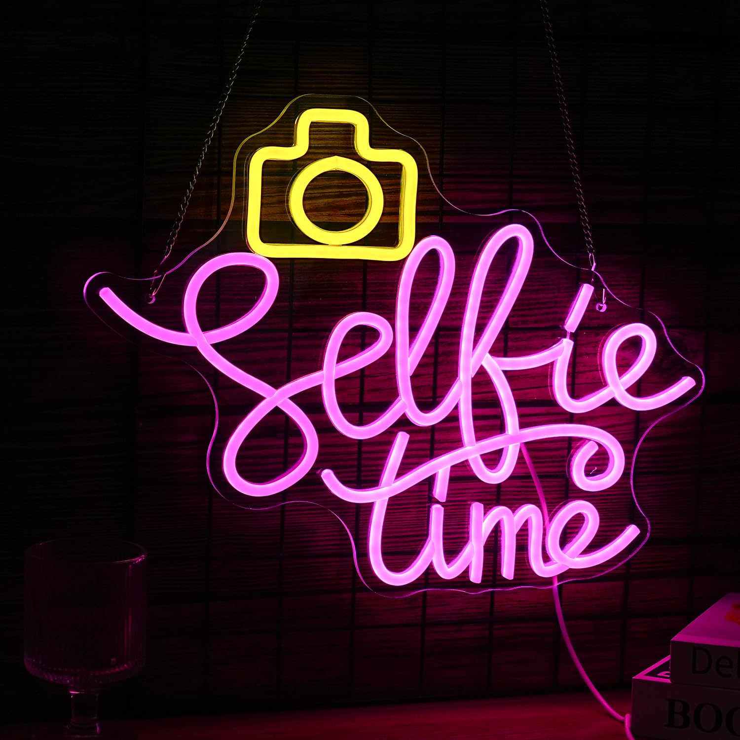 GNVETZLL Selfie Time Neon Sign LED Light Pink Yellow Acrylic 16.7x12.8in Dimmable USB Powered Wall Decor for Photography Studio