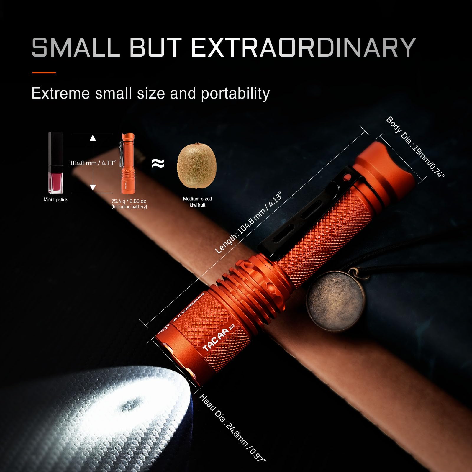 ACEBEAM TAC AA 2.0 Tactical EDC Flashlight, 900 Lumens, 360m Range, Rechargeable, Aluminum, Orange, Compact Design