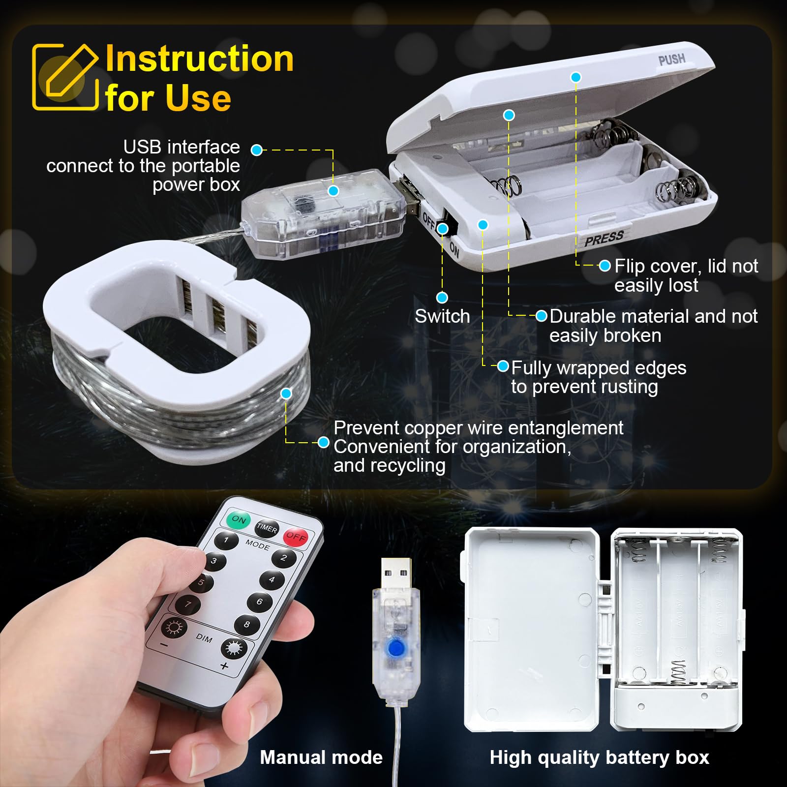 FWYWNL USB Fairy Light, 16ft 50 LED, Remote Control, Waterproof, 8 Modes, 1 Pac, White