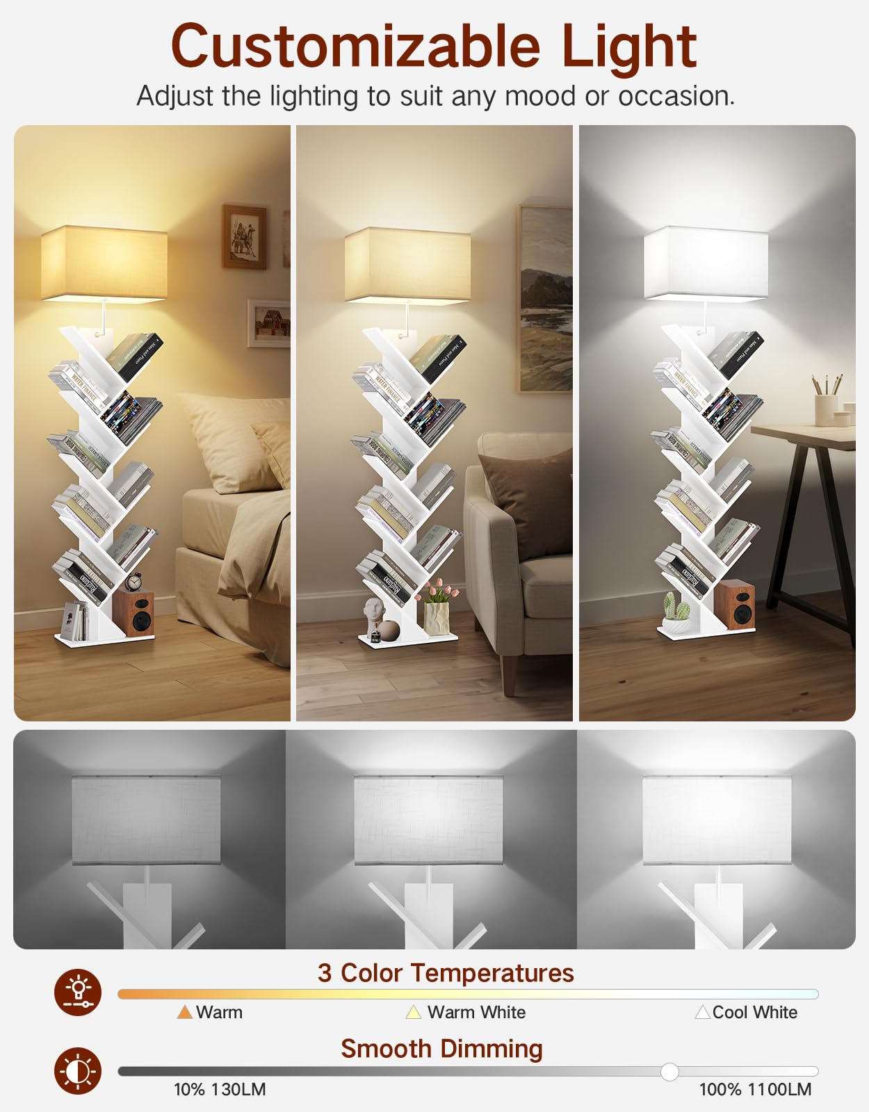 OUTONLIFE 9 Tier Tree Bookshelf with Light, Engineered Wood, 60inH x 13.6inL x 6.7inW, White, Model YMEUSJ05