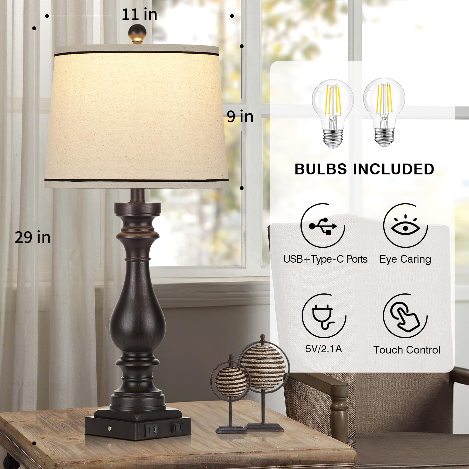 Rinweey Vintage Farmhouse Table Lamp Set of 2, 27.5" Black Resin, 3-Way Dimmable Touch Control, USB Ports, AC Outlet