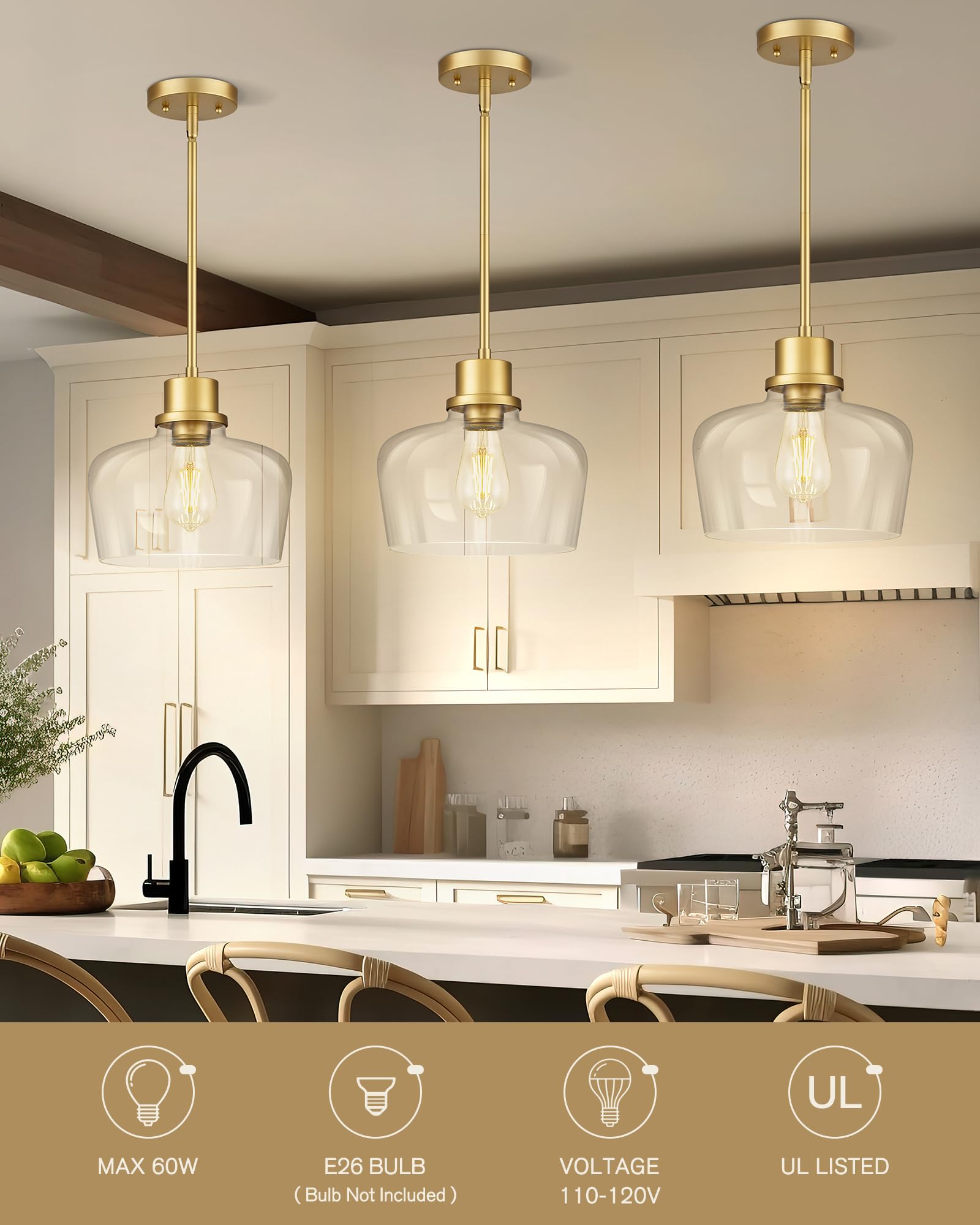 Emak Modern Gold Pendant Lights Kitchen Island, 10 Inch Large Pendant Light Fixtures With Clear Glass Shade For Kitchen, Dining