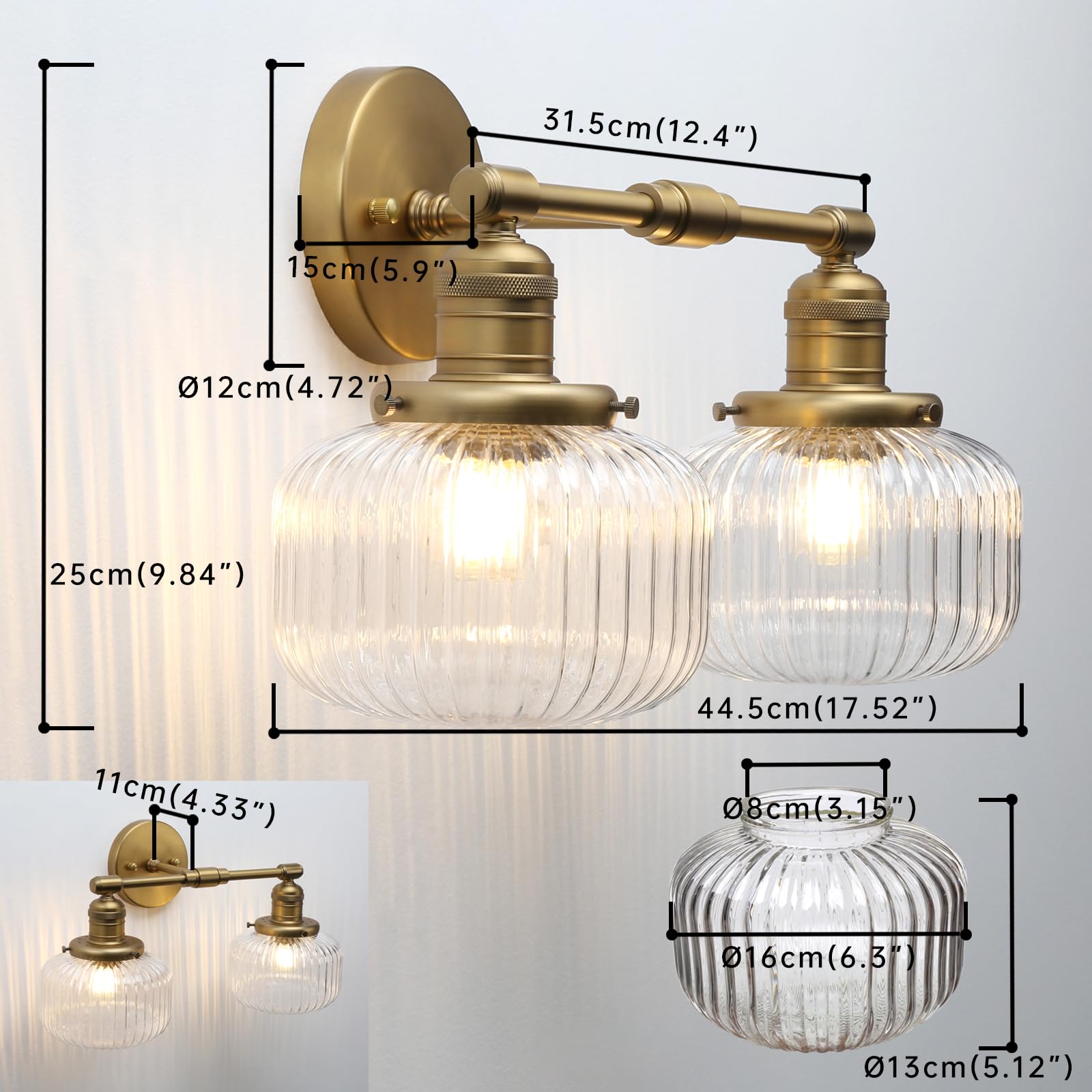 JIMUBEAM 2-Lights Wall Sconces, Antique Brass Glass Shade Fixture, Model JMUS1163D, Ideal for Bathroom, Bedroom, Dining Room, Living Room