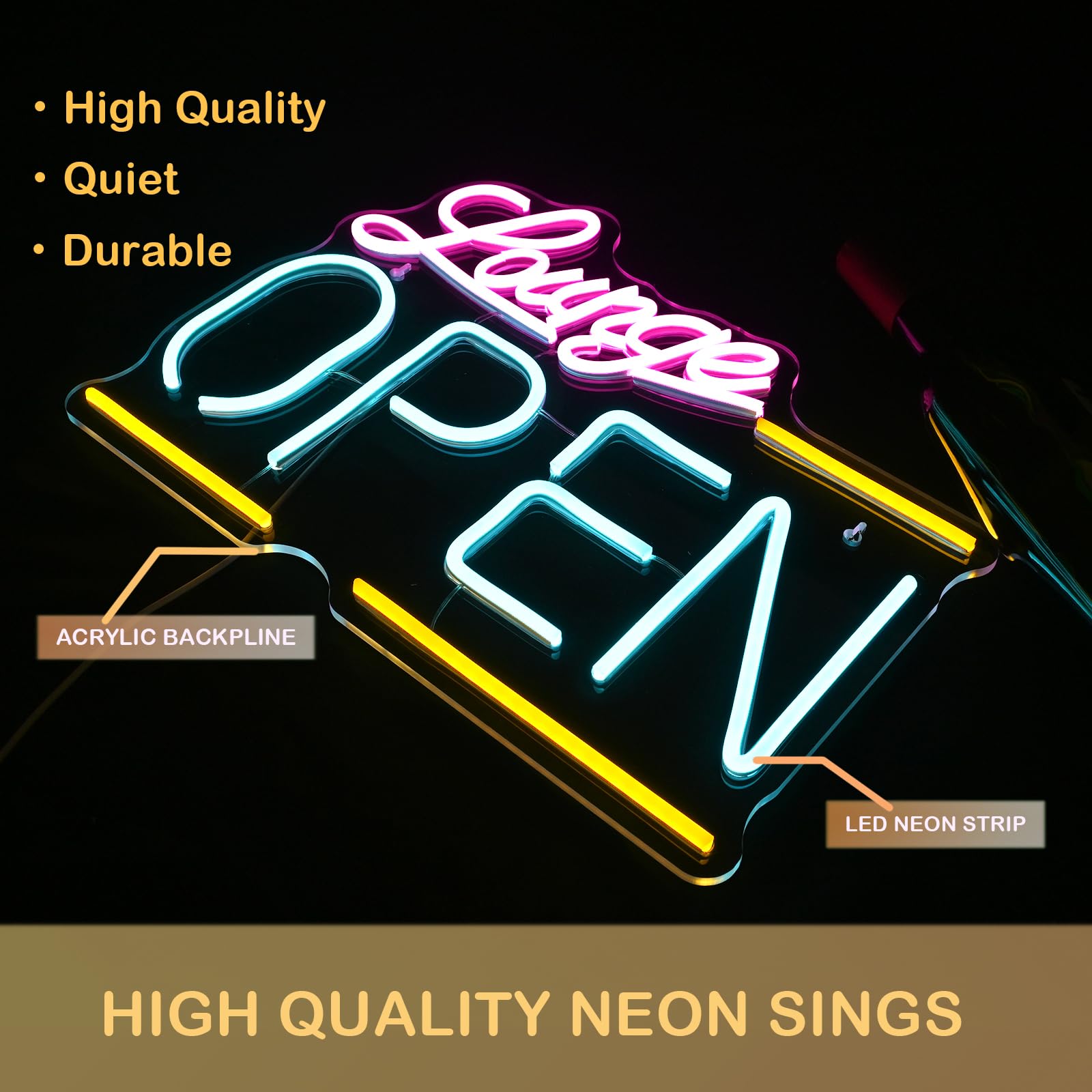 Wanxing Lounge Open Neon Sign, Bright LED Light, Dimmable, USB Powered, 16.5in  x 12.2in , Colorful Acrylic