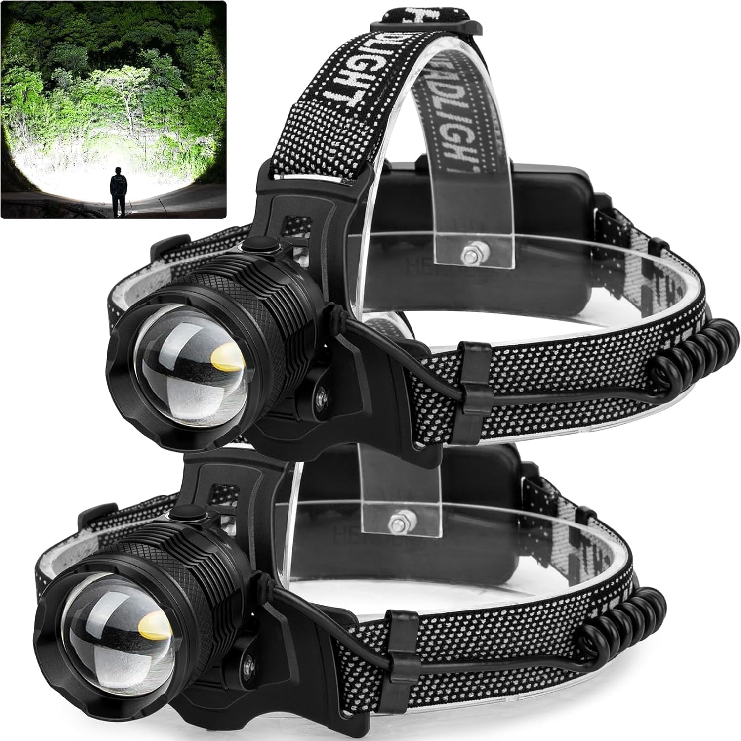 Vinderfine Headlamp Rechargeable 2 Pack, Bright LED, 135° Adjustable, IPX6 Waterproof, Small, Black, Model P80