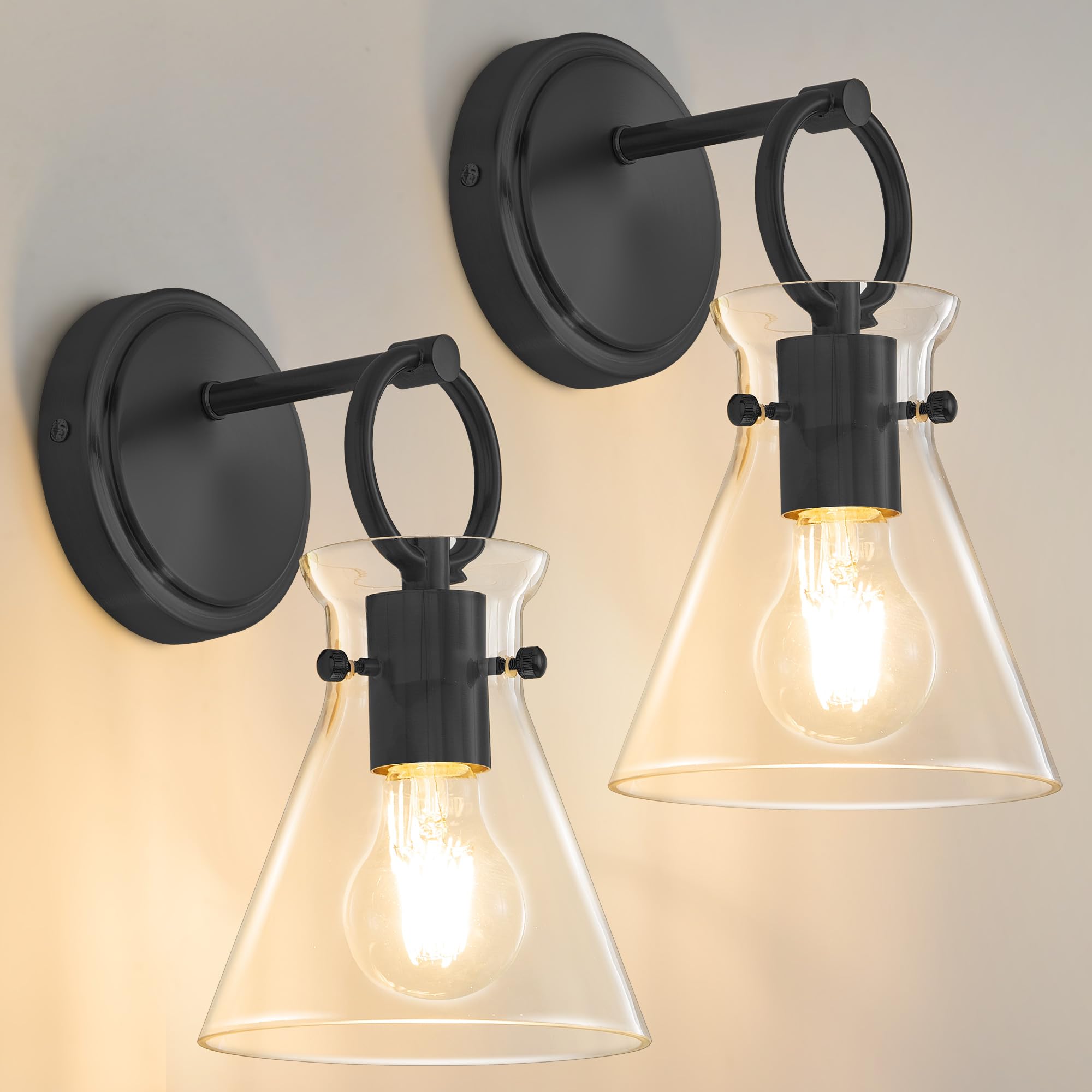 Gednbo Wall Sconces Set Of 2 Modern Vanity Light Fixtures For Bathroom Black Wall Mount Lighting Lamp Hardwired Farmhouse Wall Lights With 6 Inch Clear Glass Shade For Bedroom Living Room Mirror