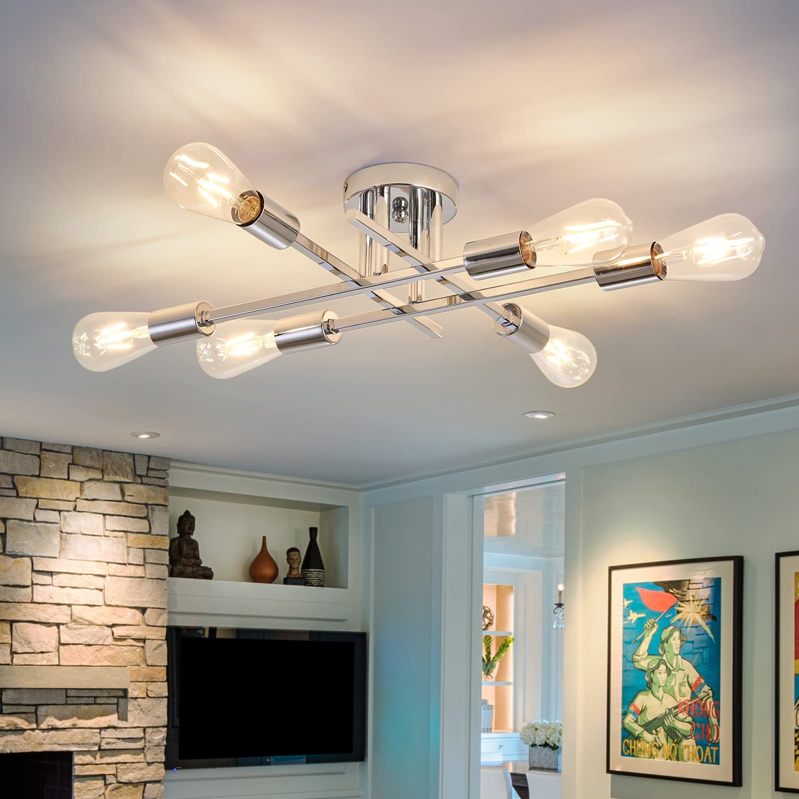 ZGLAOJT 6-Lights Semi Flush Mount Ceiling Light Fixture, Chrome Metal Chandelier for Dining Room, Living Room, Kitchen, Bedroom, Model F-1099