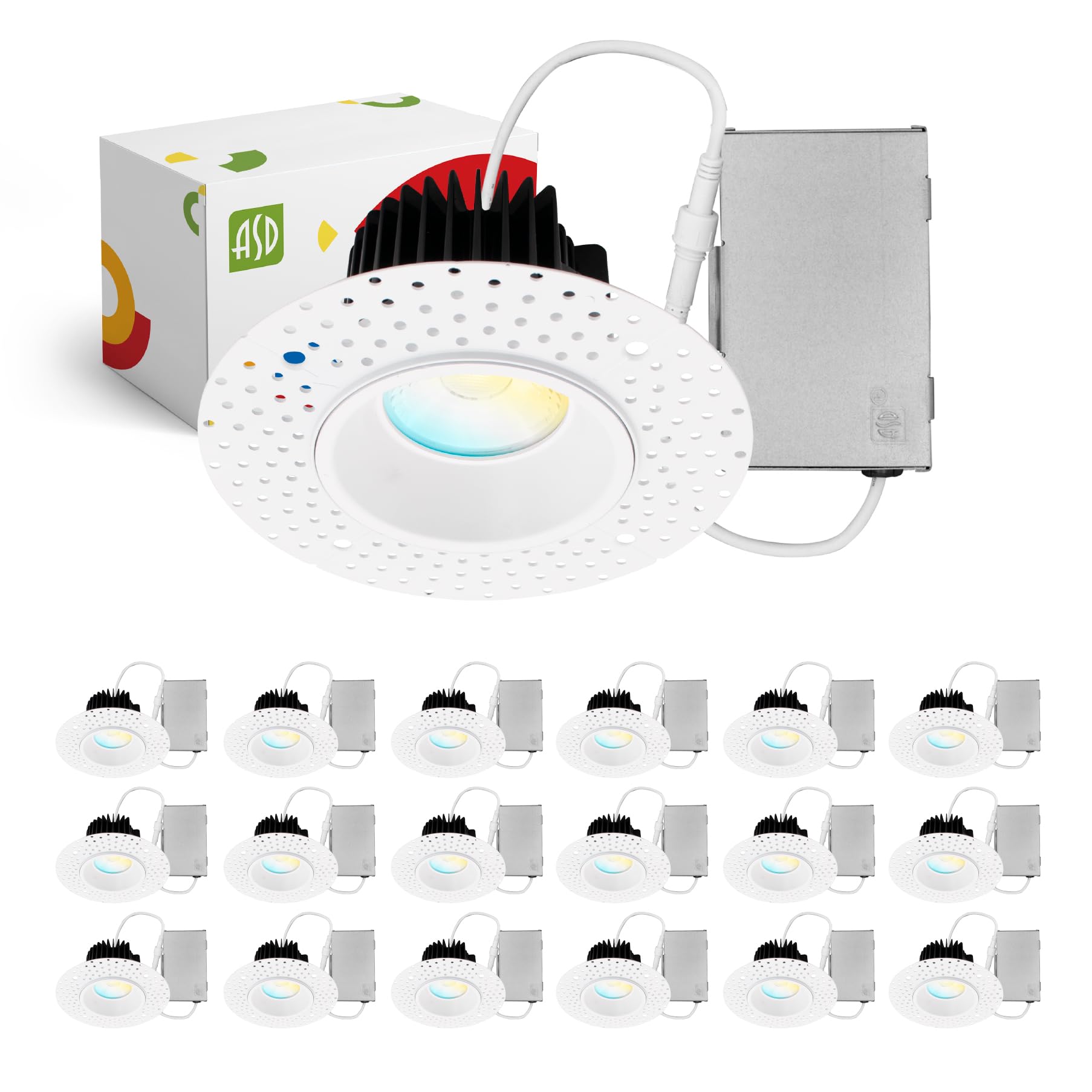 ASD Trimless LED Recessed Lighting 15W 4 Inch Canless Dimmable Downlight, 5 CCT 2700K-5000K, IC Rated, White,