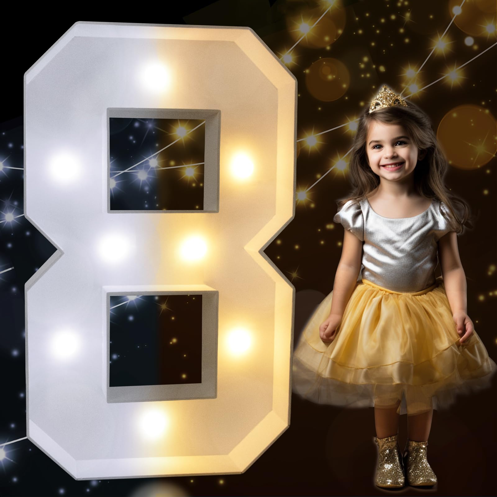 Pooqla 3FT Light Up Marquee Number 8, LED in Cool & Warm White, Polypropylene, Model 3FT-FXDJ 2W-8 for Birthday Party Decor