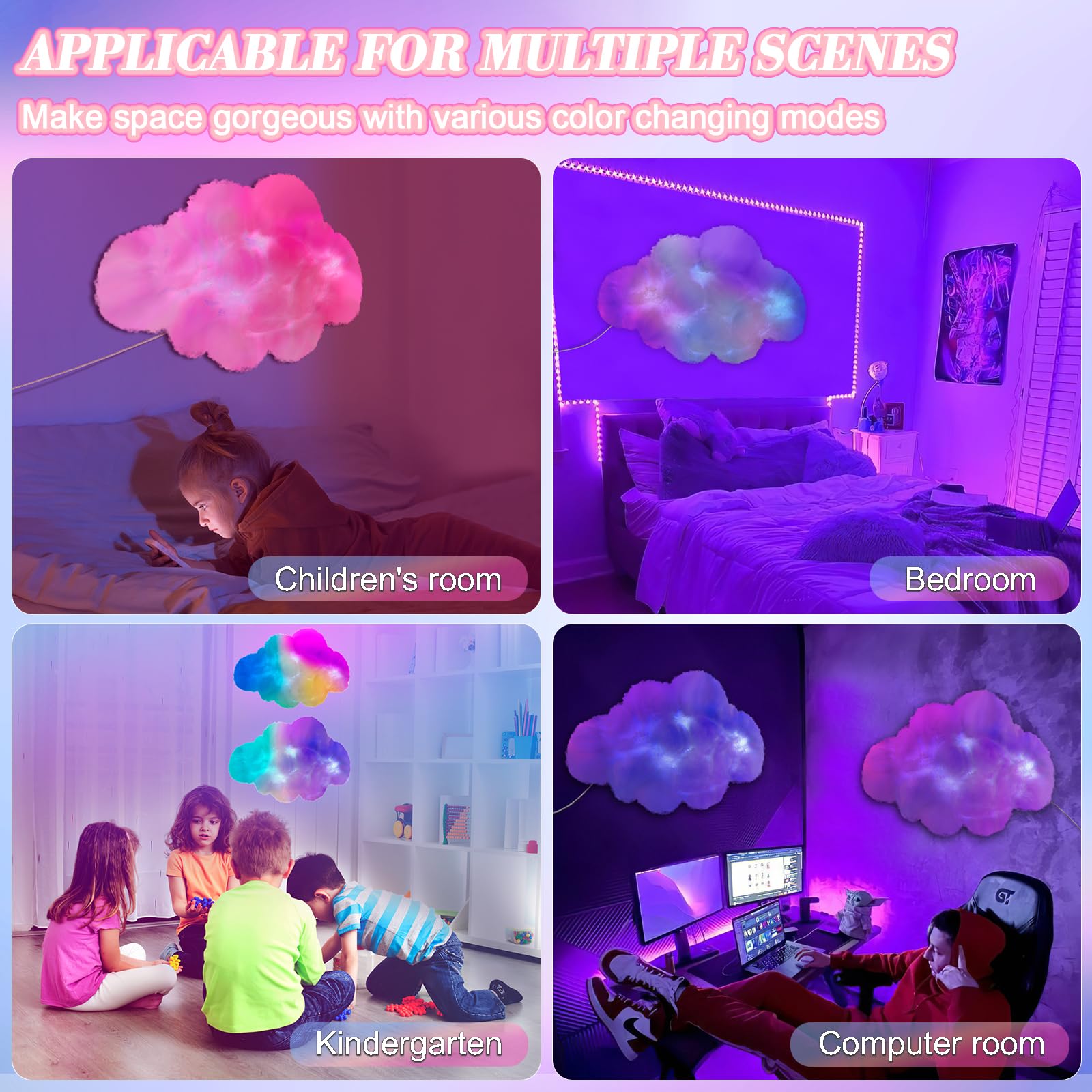 WOOHERLOO LED Wall Cloud Light for Bedroom, Stick-on Lamp Smart APP and Remote Control, Fluffy Night Light RGB Music Sync for Ro
