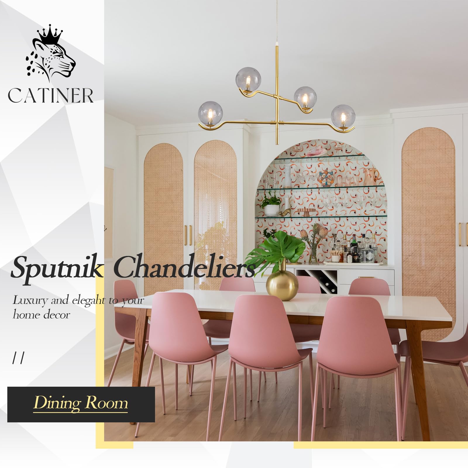 Catiner Gold Sputnik Chandelier, Large Modern 4 Lights L31 '' Mid Century Long Ceiling Pendant Light Fixture With Smoke Glass Gl
